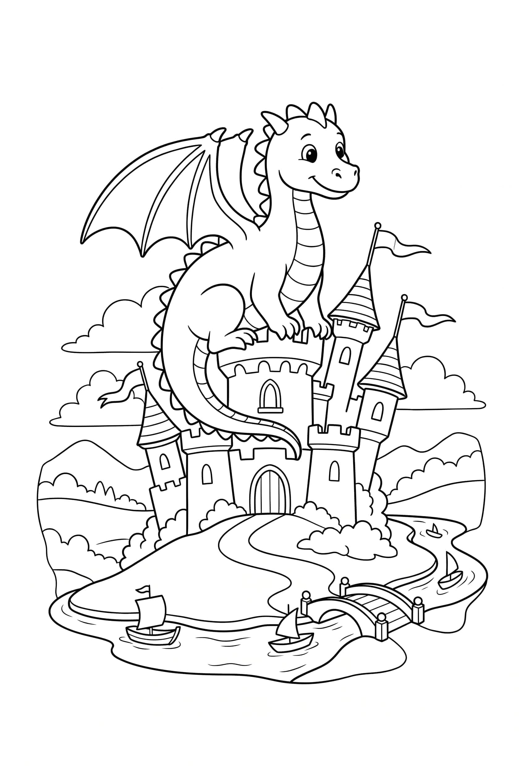 A dragon perched on top of a tall castle tower at sunset with flags waving and a winding river below
