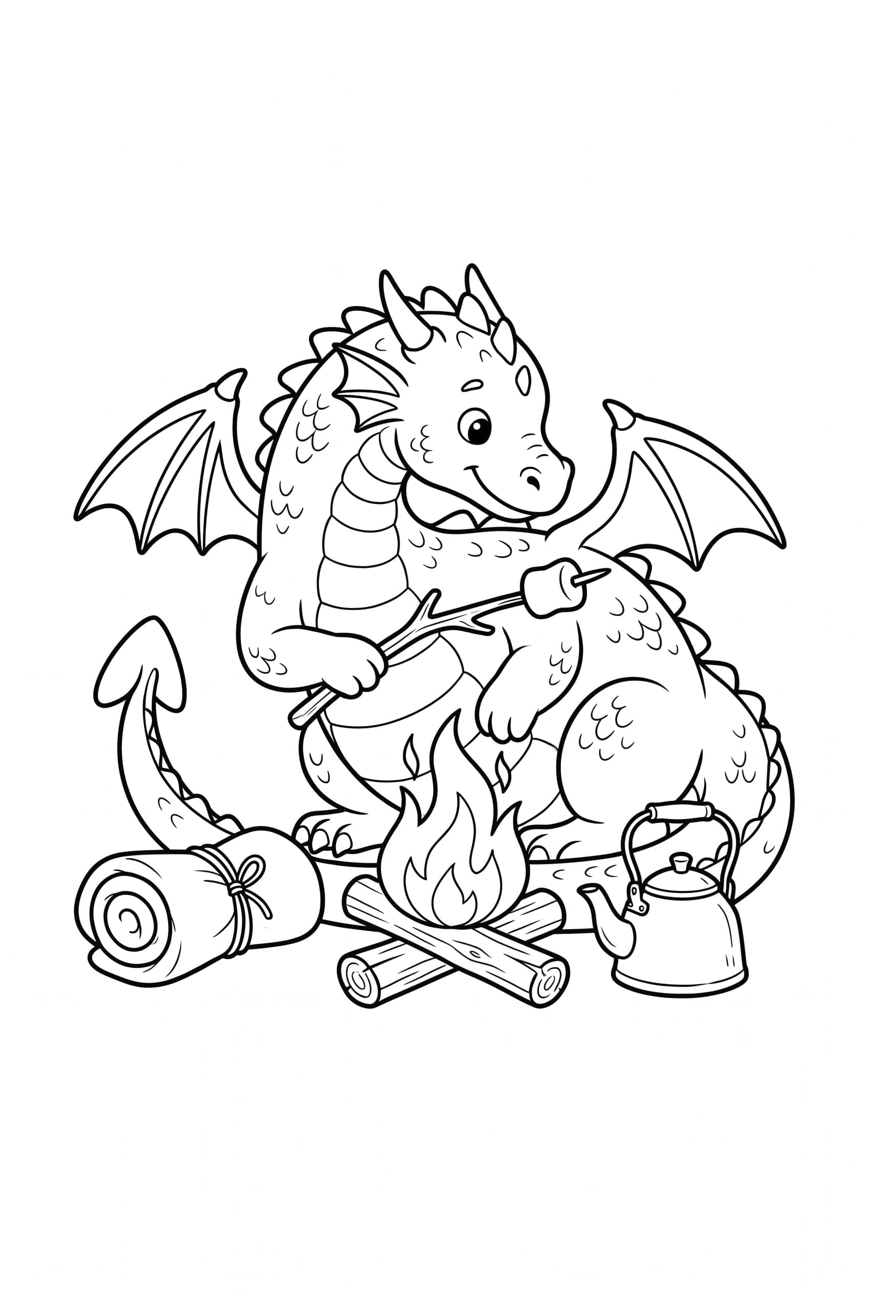 Ein Drache hat sich um ein kleines Lagerfeuer gerollt und röstet einen Marshmallow an einem gebogenen Stock.