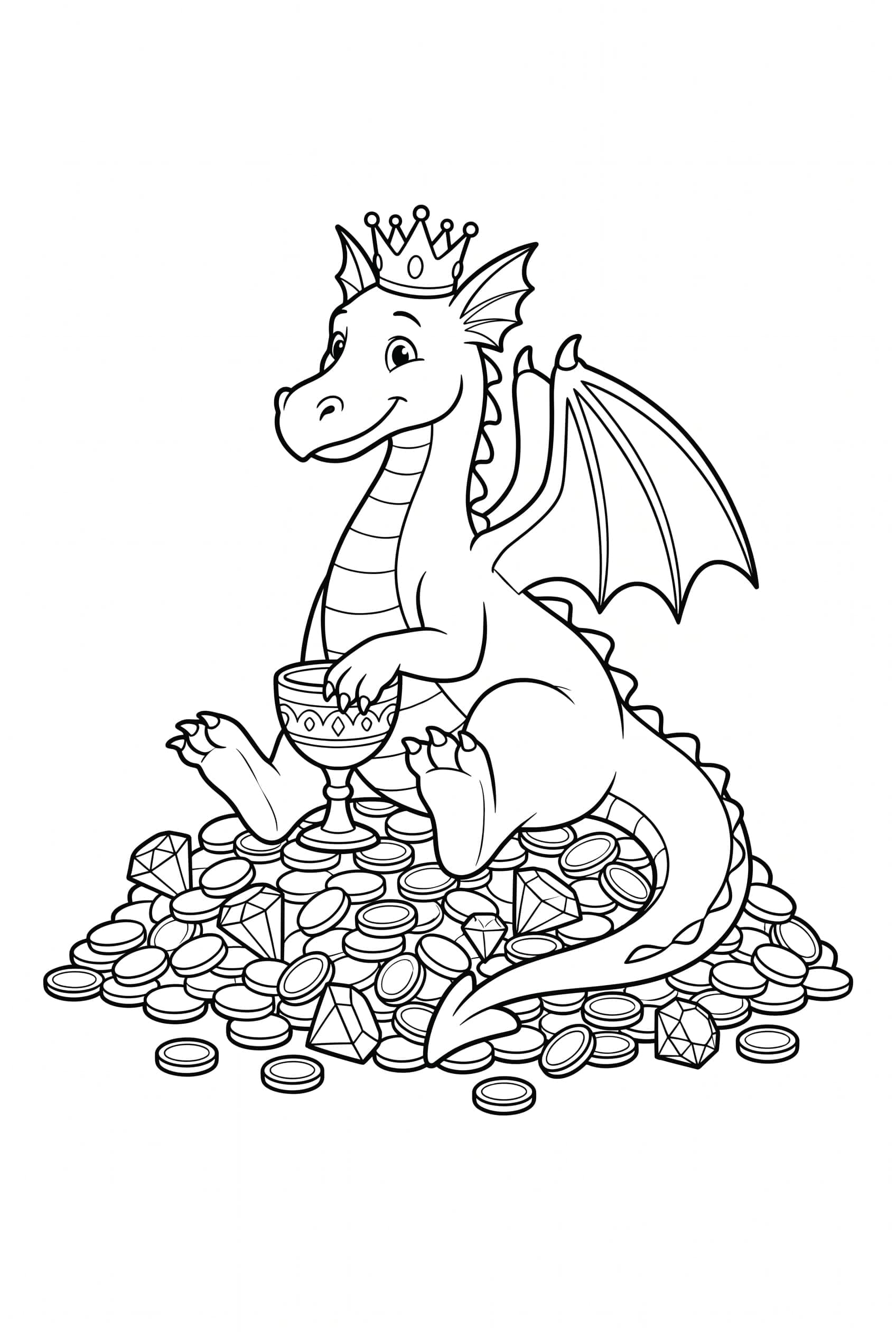 Ein stolzer Drache mit kleiner Krone sitzt auf einem Haufen Münzen und Edelsteine, eine Pfote auf einem Kelch.