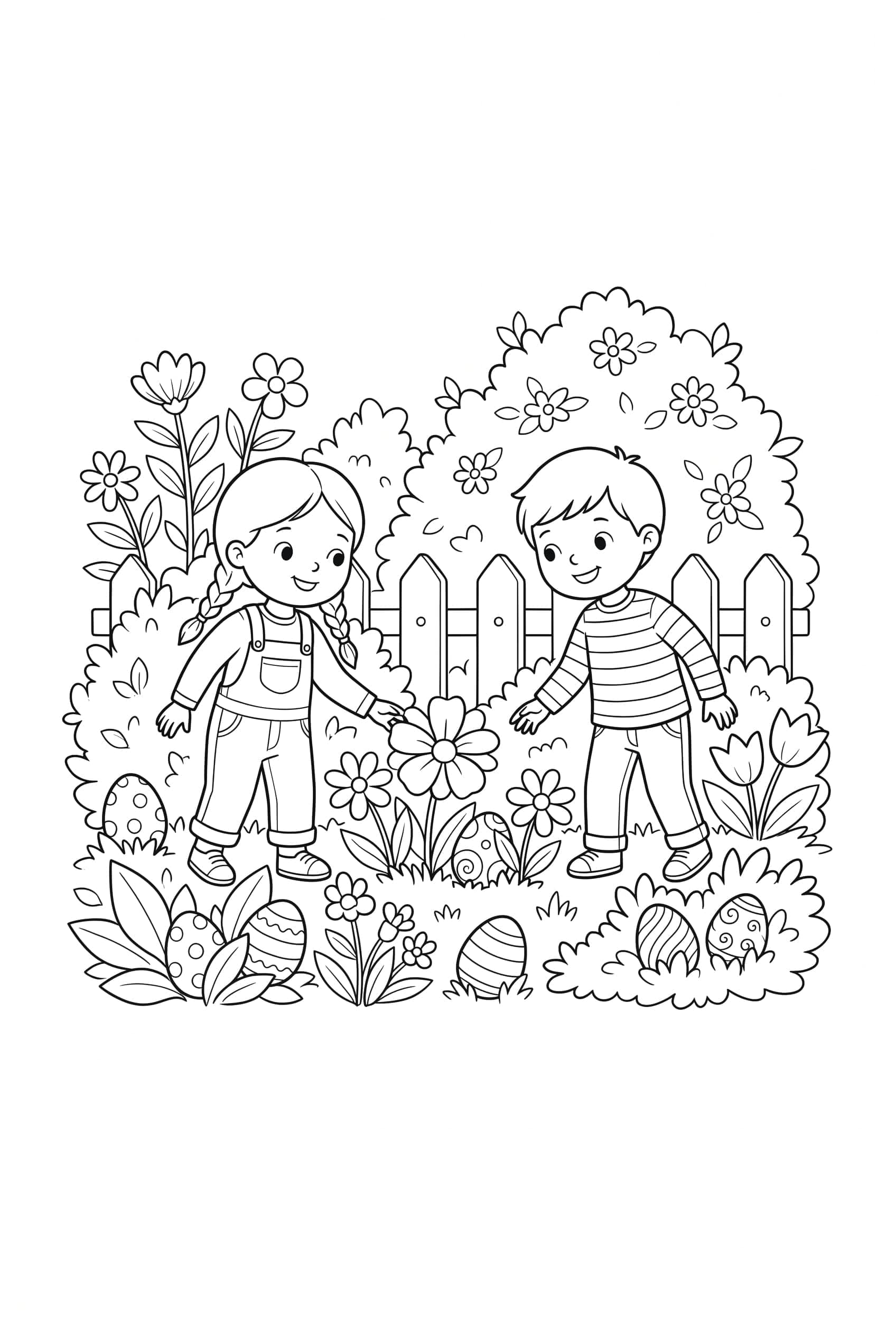 Two children searching for painted eggs hidden among garden flowers and bushes near a picket fence