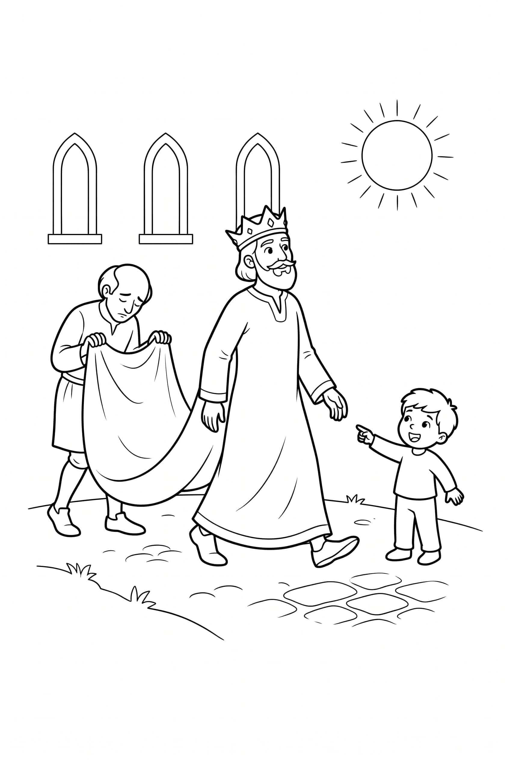 An emperor striding along the street in a long undershirt, a servant carrying a cloak that is not there, a child pointing at him