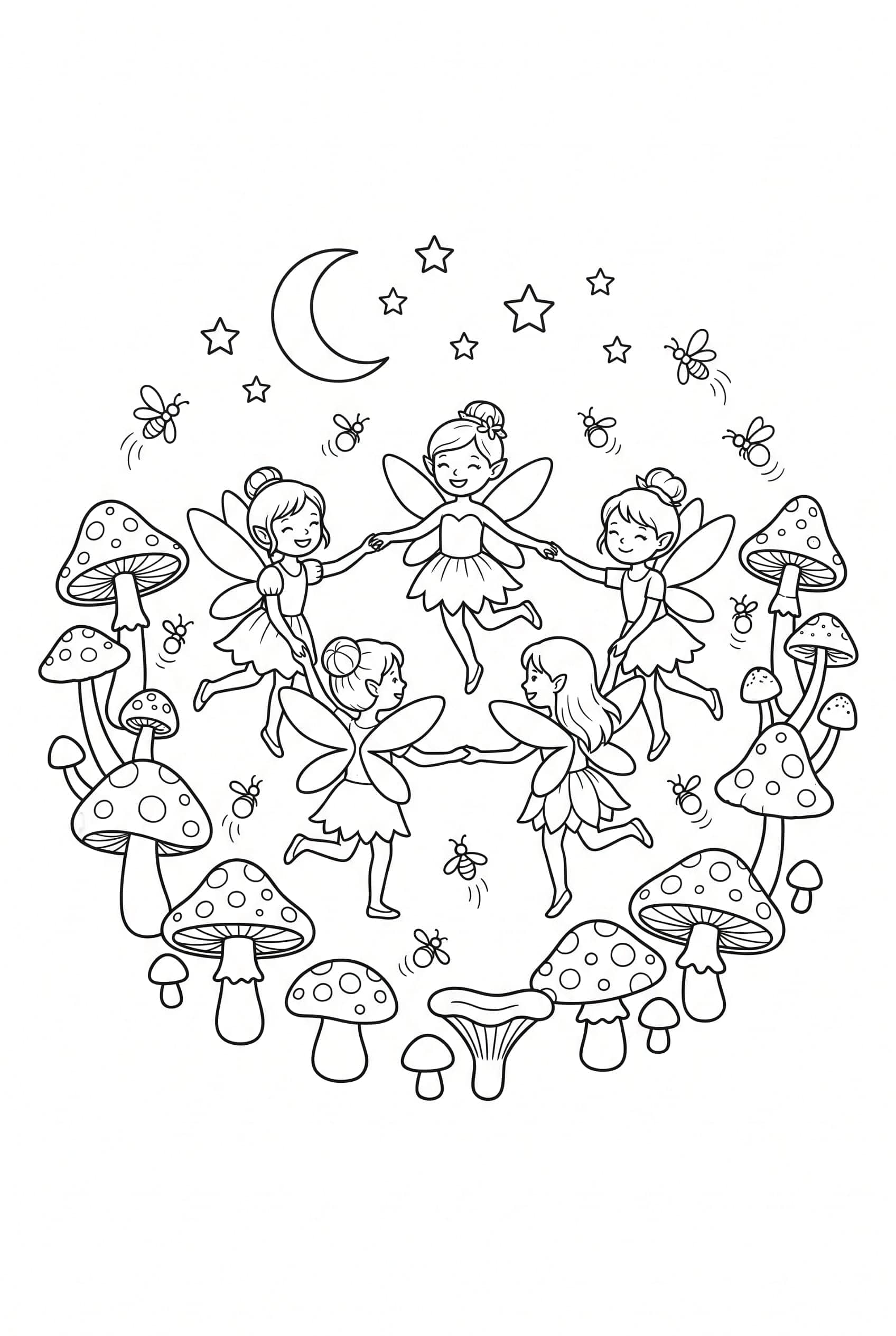 A circle of fairies dancing among a ring of toadstools under moonlight with fireflies glowing around them