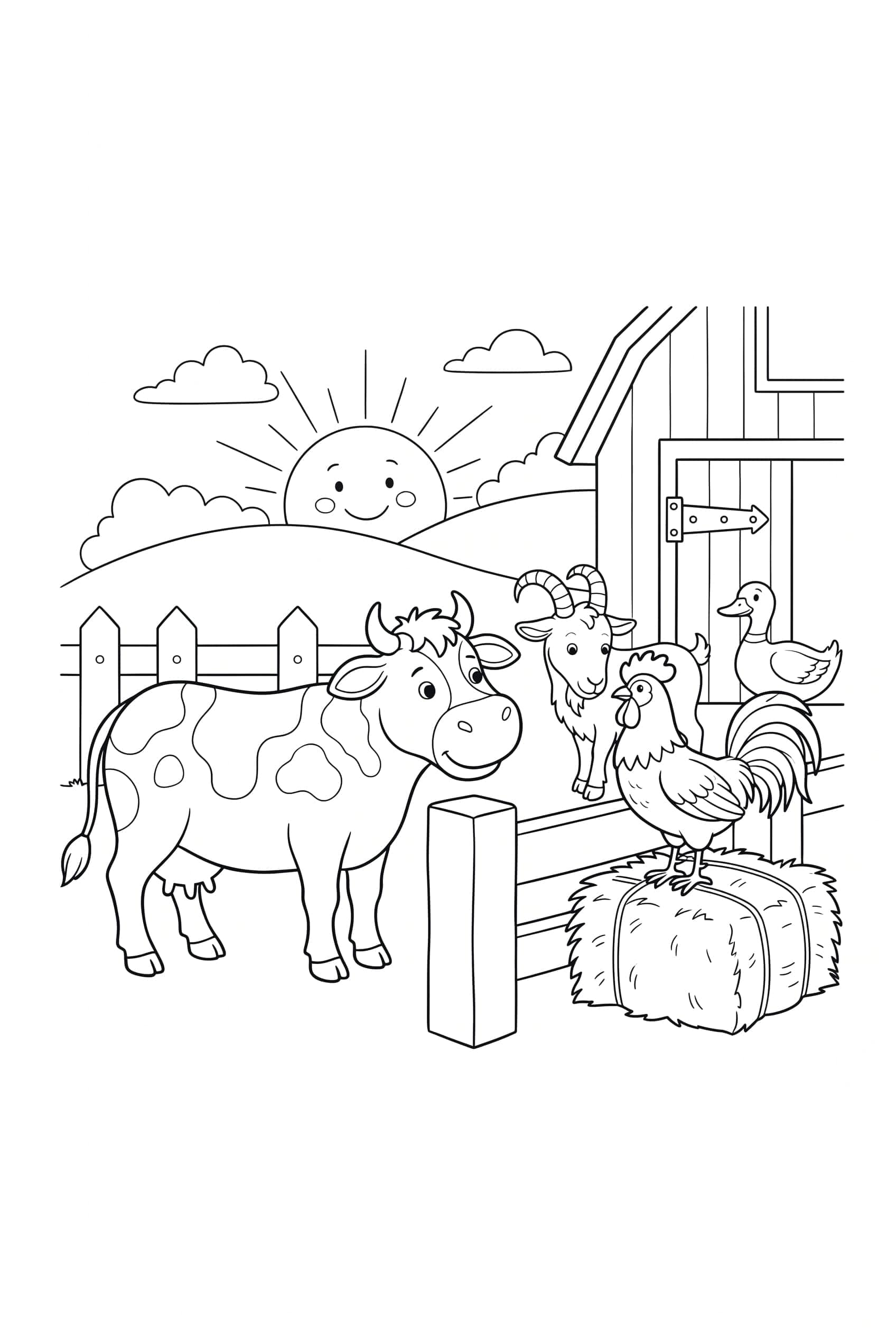 Dibujo para colorear de una vaca, un gallo, una cabra y un pato junto a la puerta roja de un granero al amanecer.