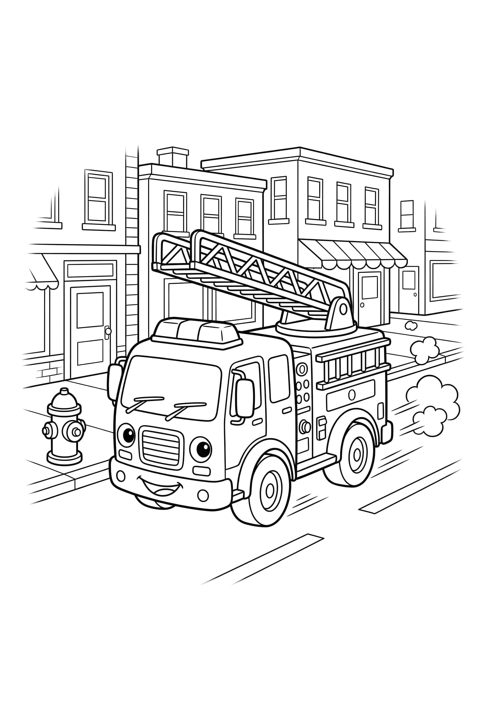 Ein Feuerwehrauto rast mit ausgefahrener Leiter durch eine Stadtstraße, Gebäude und ein Hydrant säumen den Gehweg.