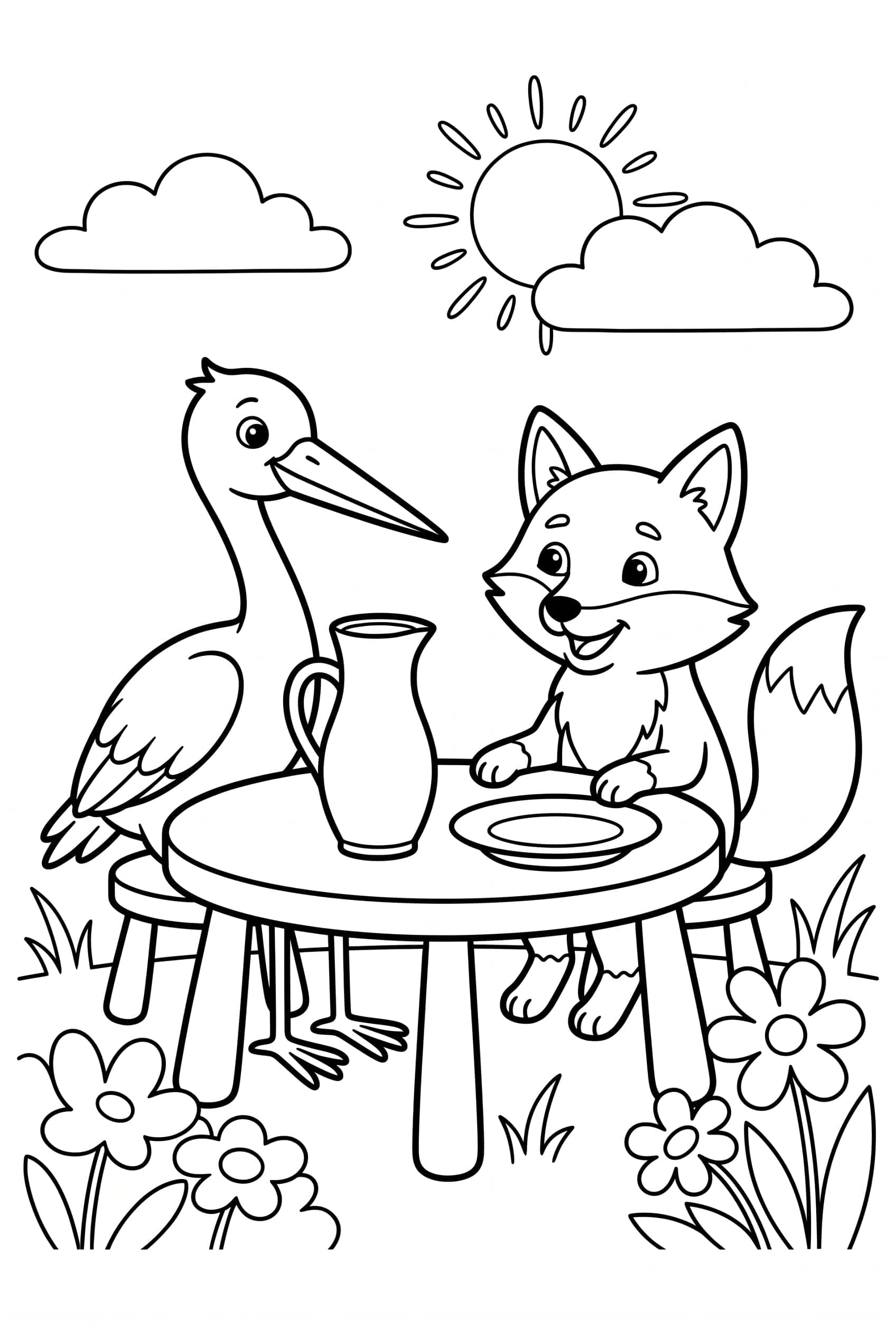 Ein Fuchs und ein Storch sitzen an einem kleinen Tisch, vor dem Storch ein hoher schmaler Krug, vor dem Fuchs ein flacher Teller.