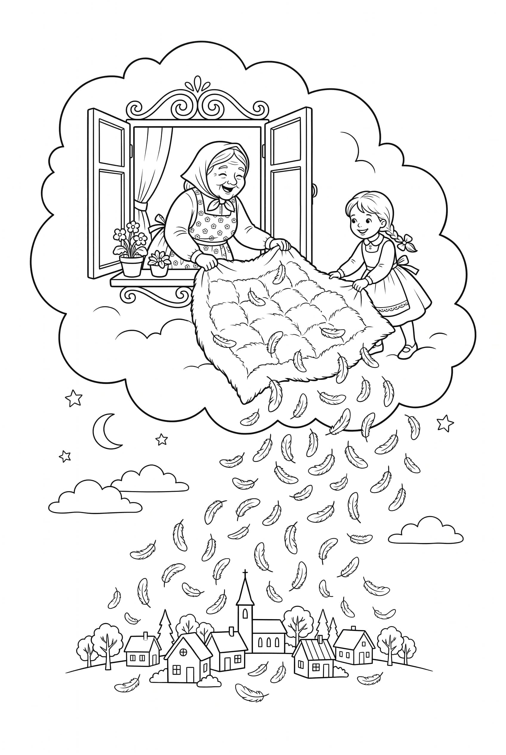 An old woman shaking a big feather quilt from a window in the clouds, feathers falling like snow on the village below