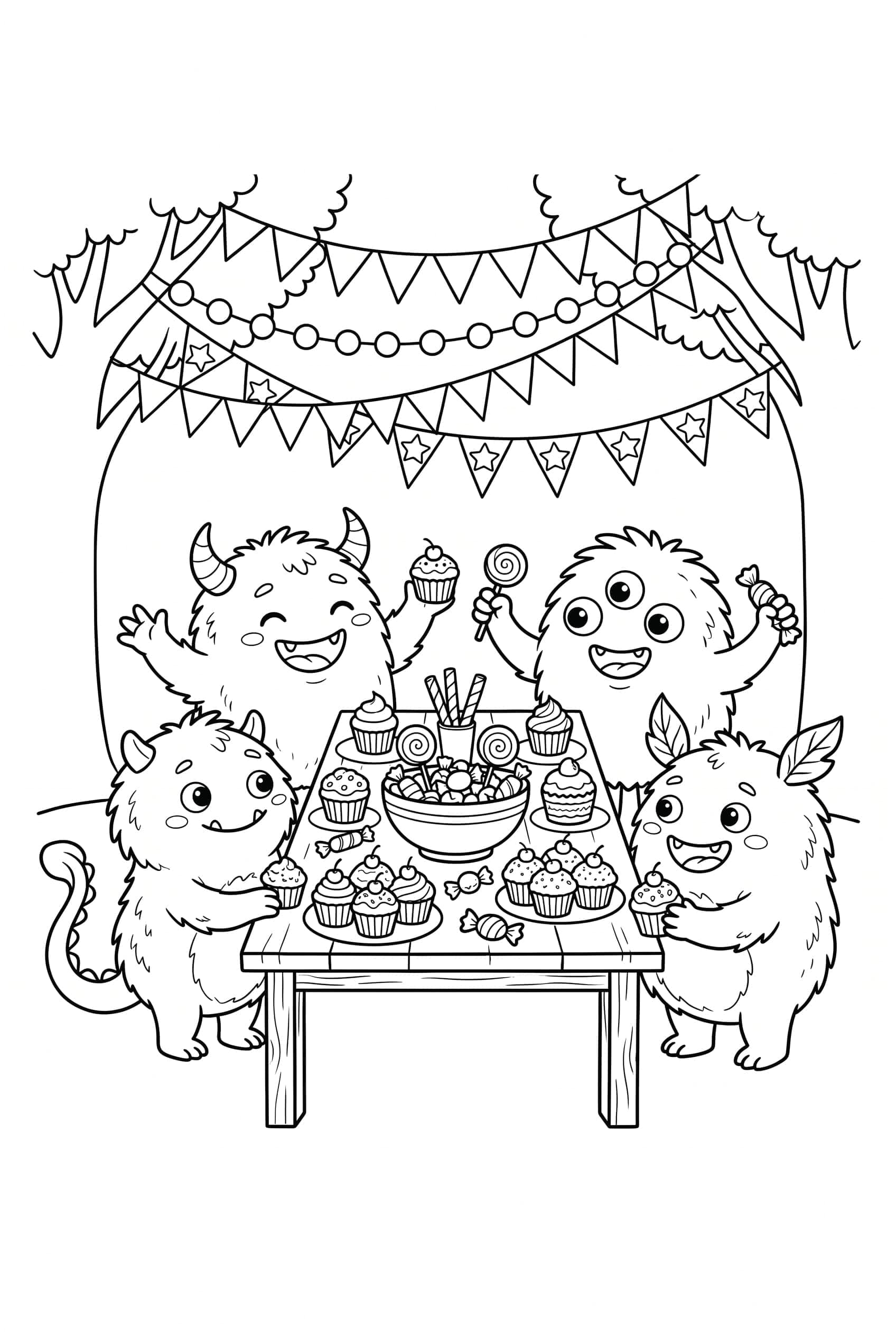 Dibujo para colorear de un grupo de monstruos alegres reunidos alrededor de una mesa de dulces y pastelitos, con guirnaldas de papel arriba.