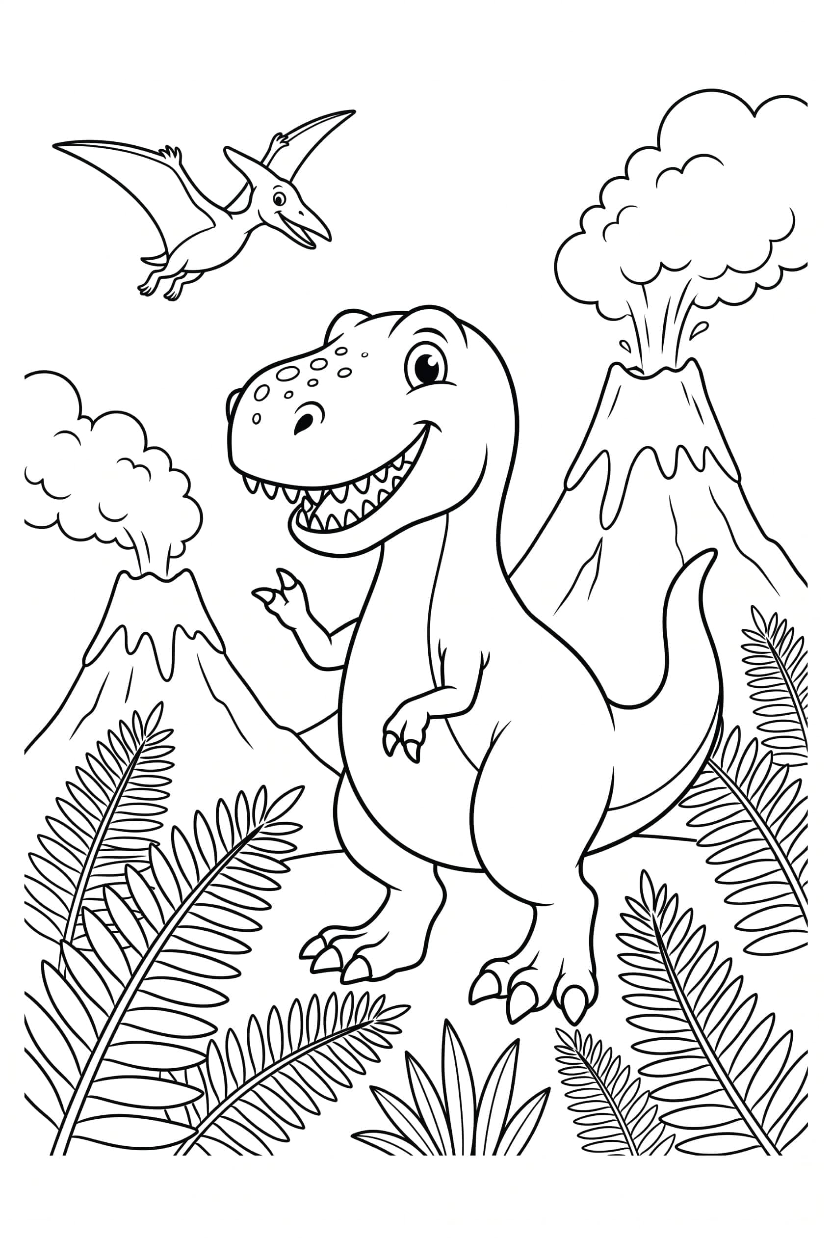 Dibujo para colorear de un tiranosaurio sonriente entre helechos y volcanes, con un pequeño pterodáctilo volando.