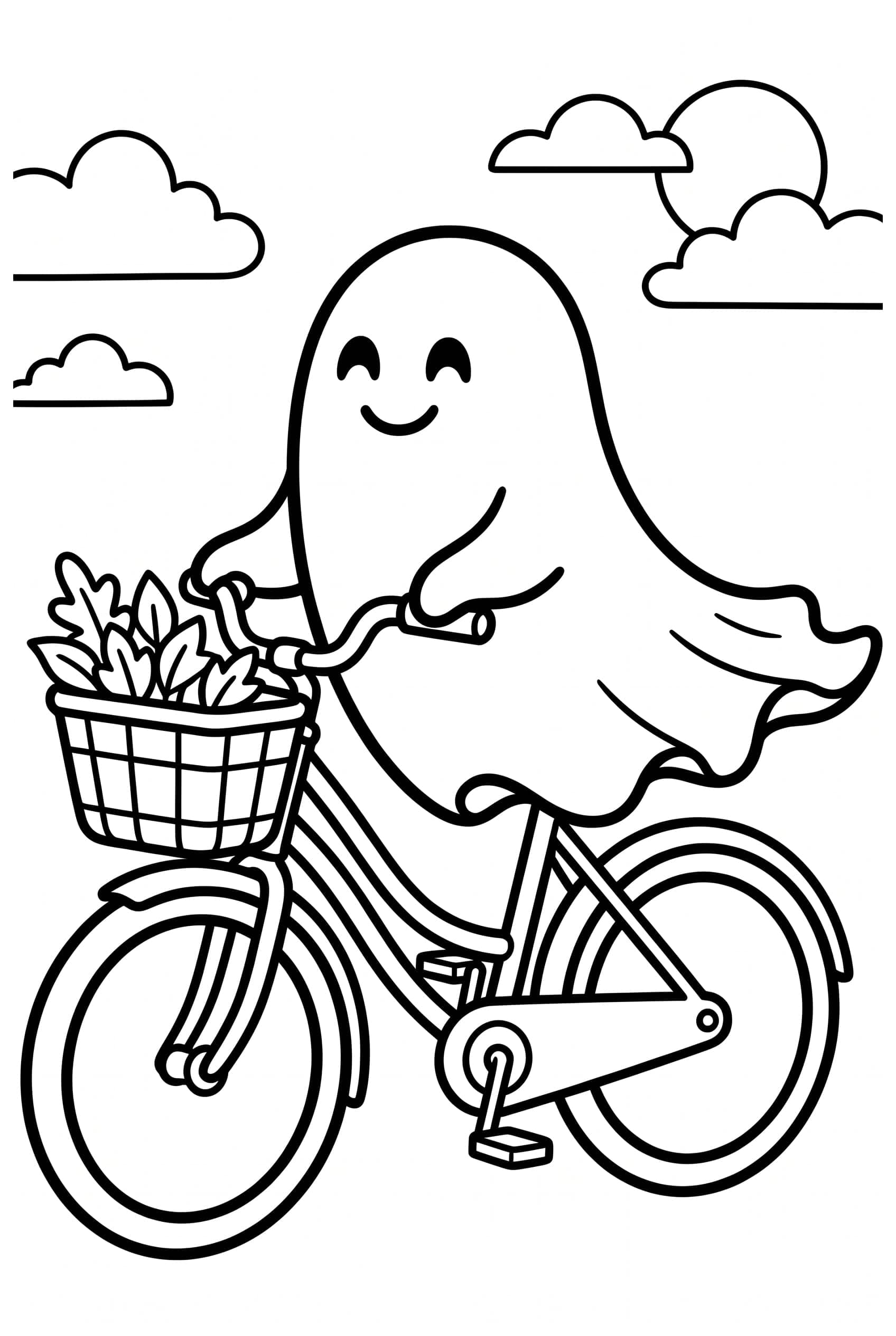Coloring page of a cheerful ghost riding an old bicycle with a basket of leaves on the handlebars, its hem streaming behind