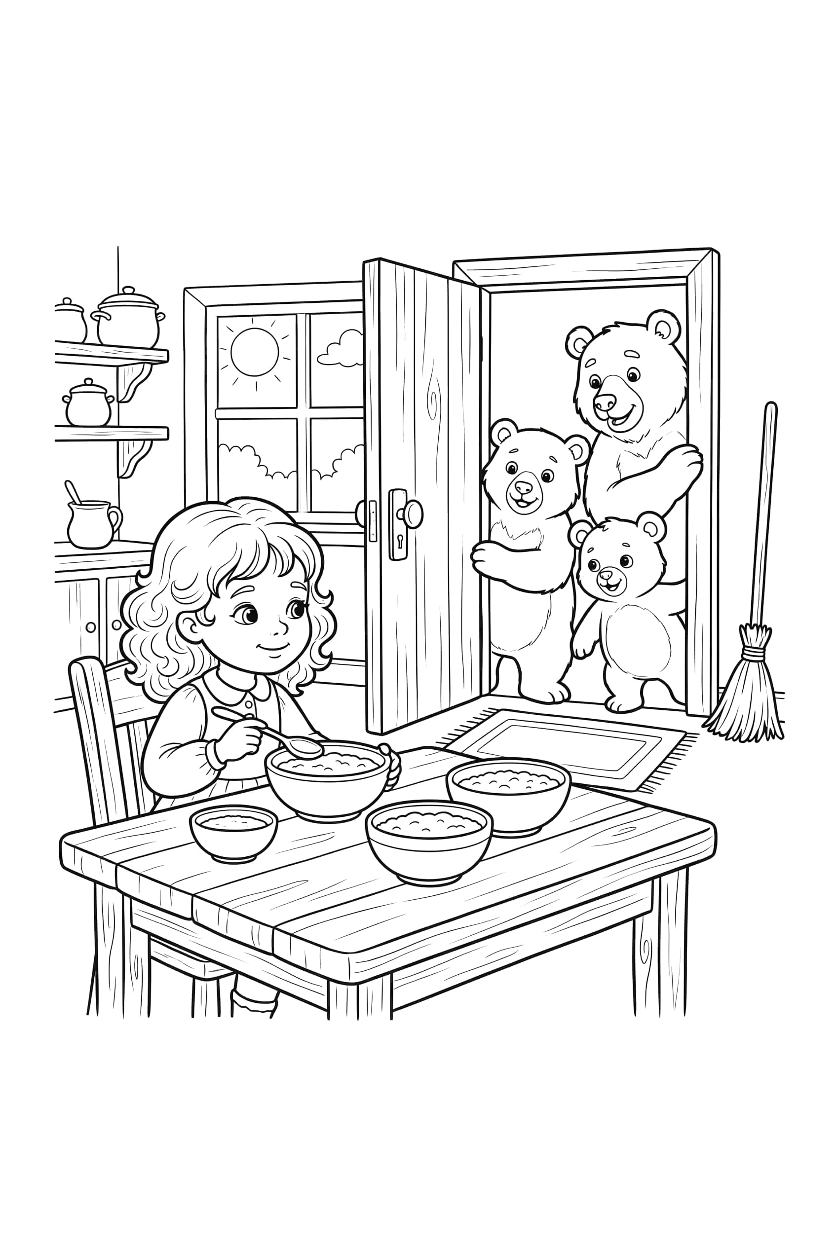 A girl with curly hair at a table set with three porridge bowls of different sizes, three bears in the cottage doorway