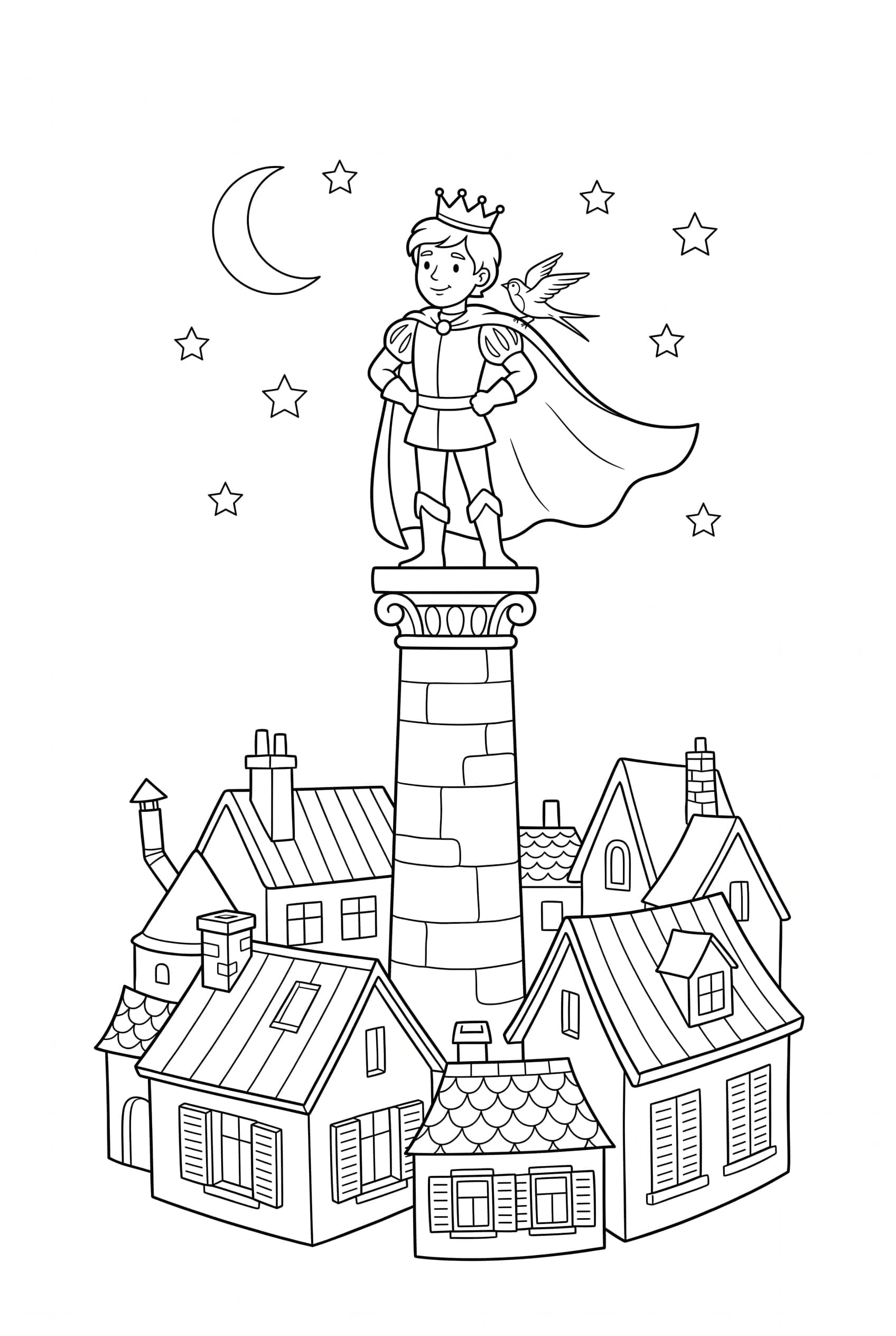 Die Statue eines Prinzen steht auf einer hohen Säule, auf seiner Schulter sitzt eine kleine Schwalbe, darunter die Dächer der Stadt.