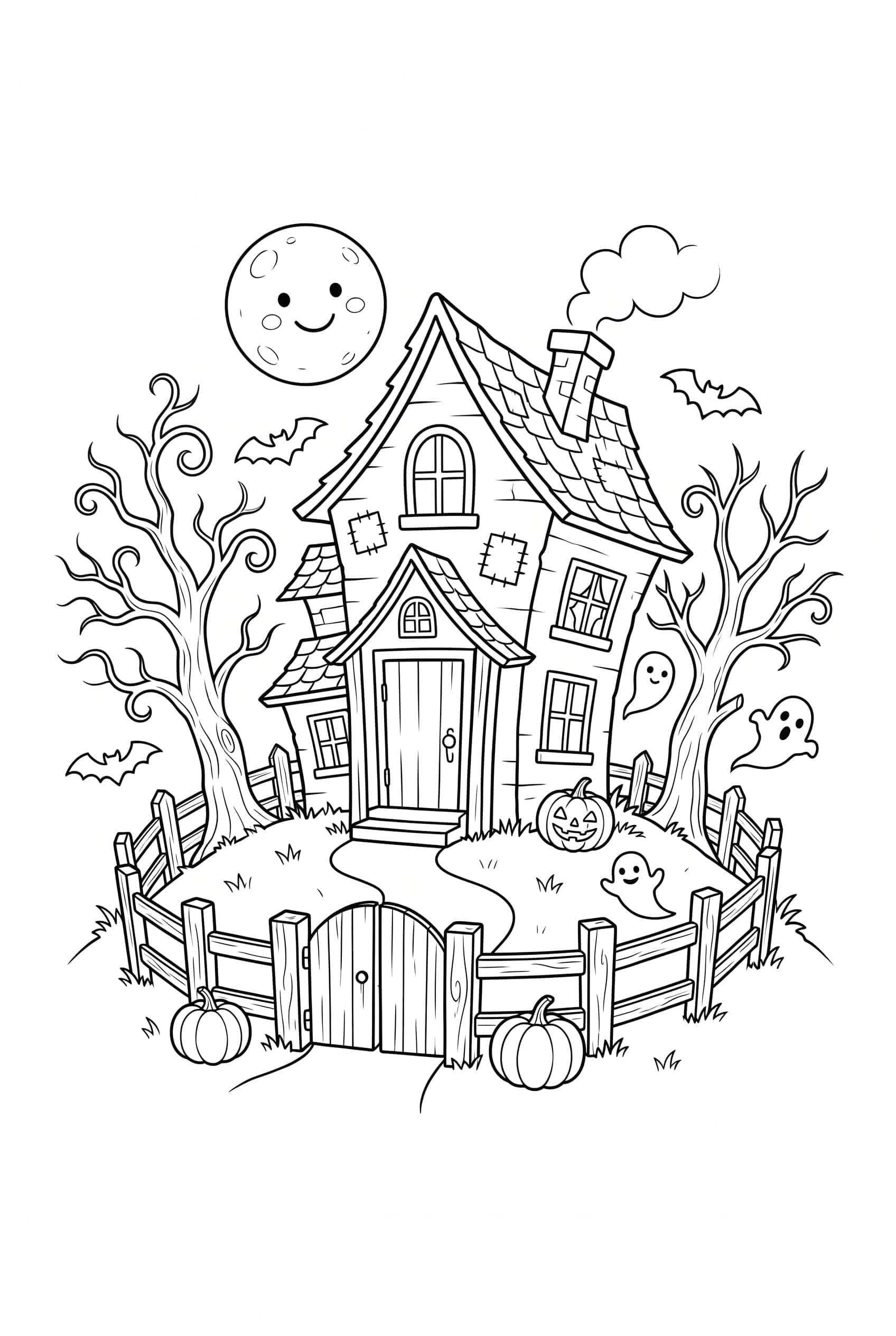 A crooked haunted house on a hill under a full moon with bare trees and a winding fence leading to the door