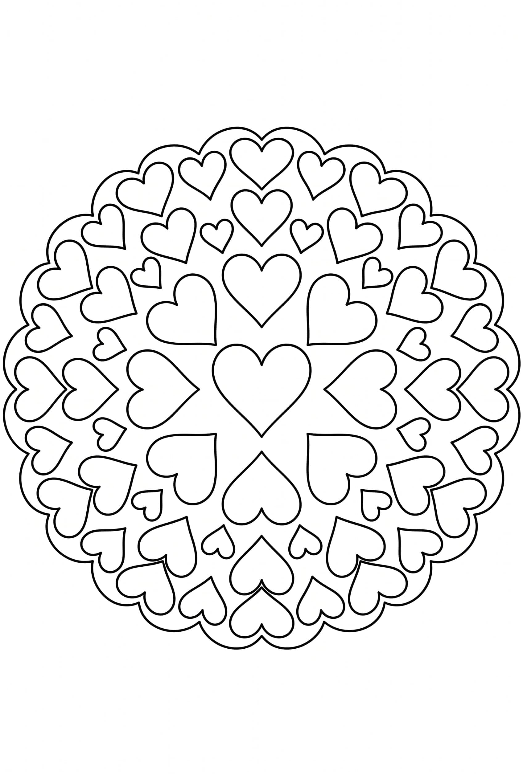 Coloring page of a round mandala built entirely of hearts, one at the center, six pointing outward and twelve smaller pointing inward