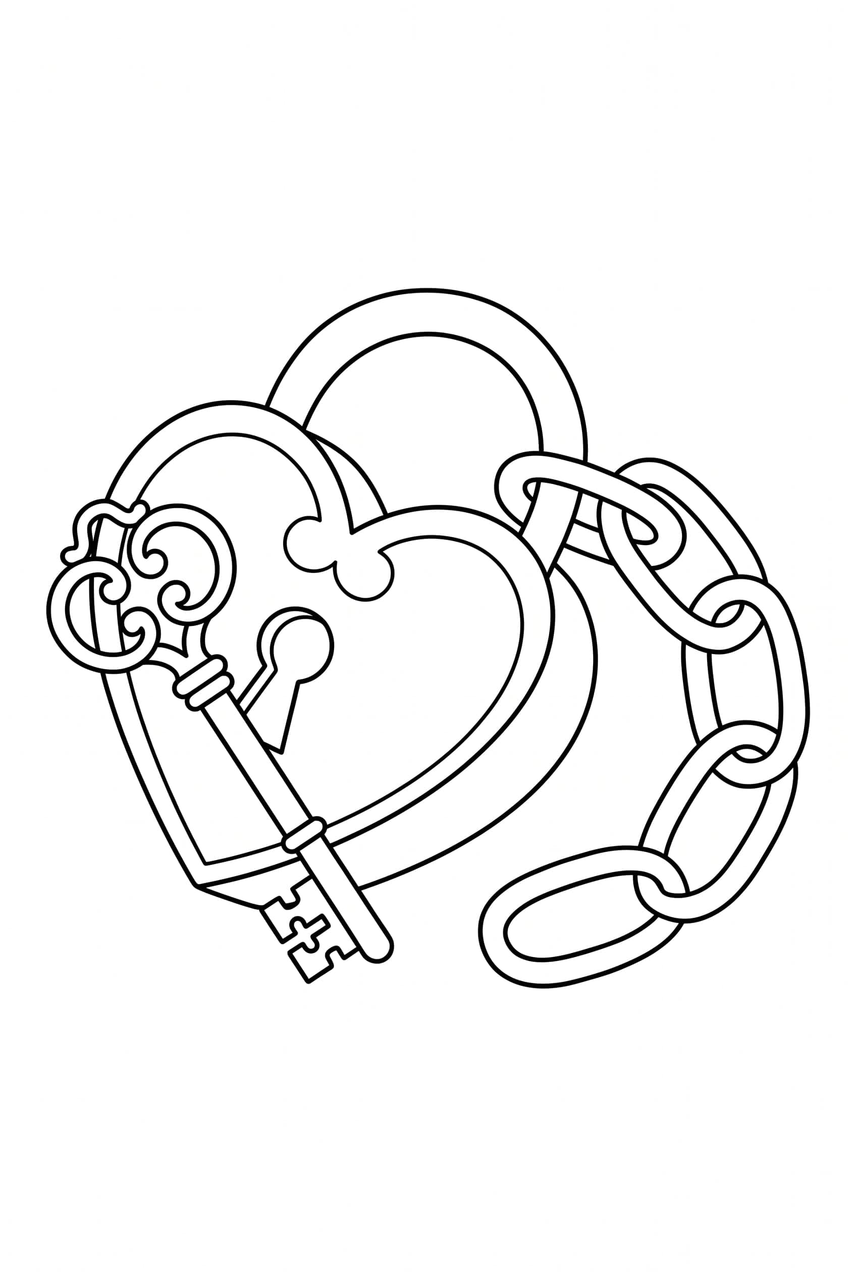 Dibujo para colorear de un candado en forma de corazón con su cerradura, una llave labrada cruzada encima y una cadena de tres eslabones.