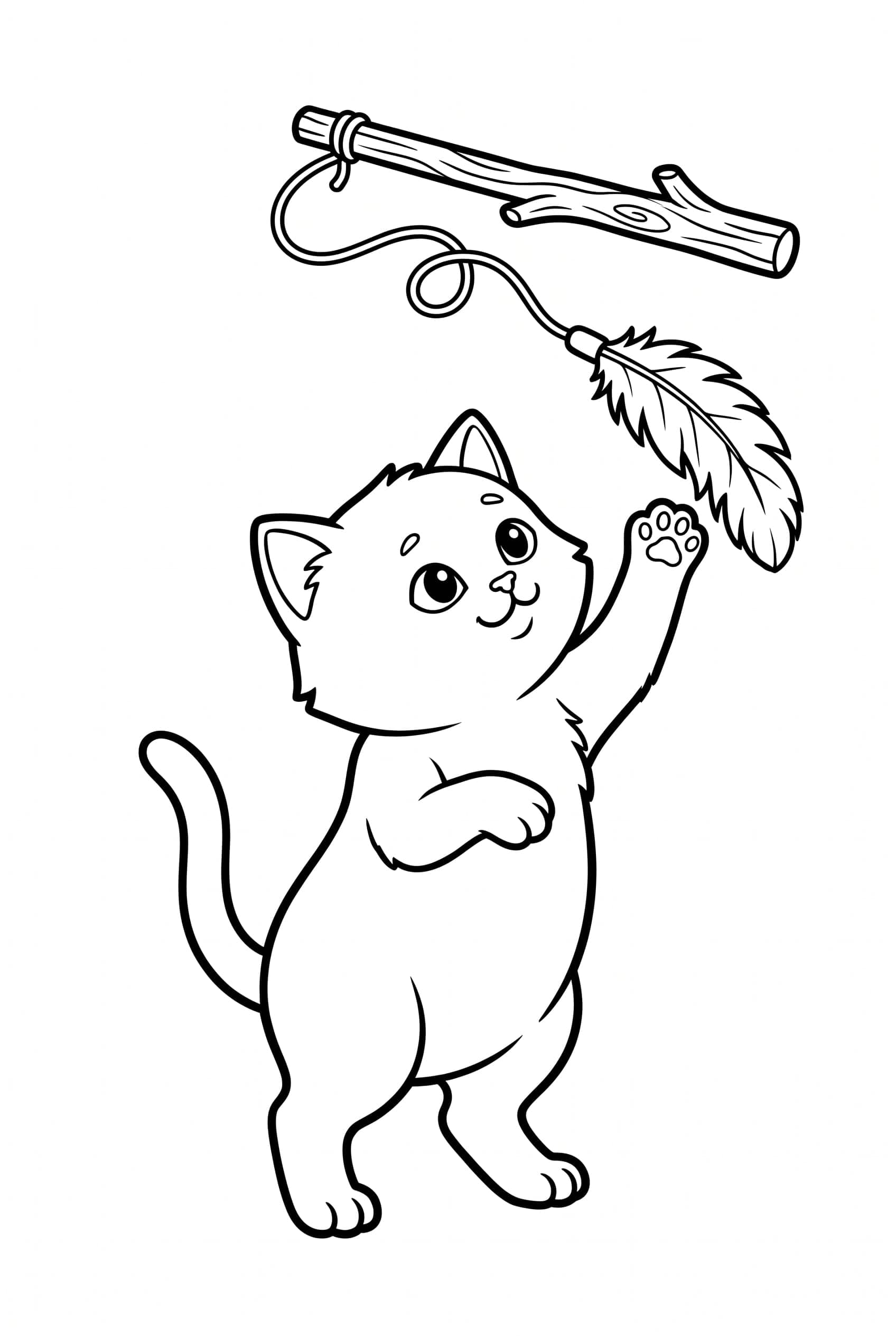 Ein Kätzchen steht auf den Hinterbeinen und schlägt nach einer Feder, die an einer Schnur baumelt.