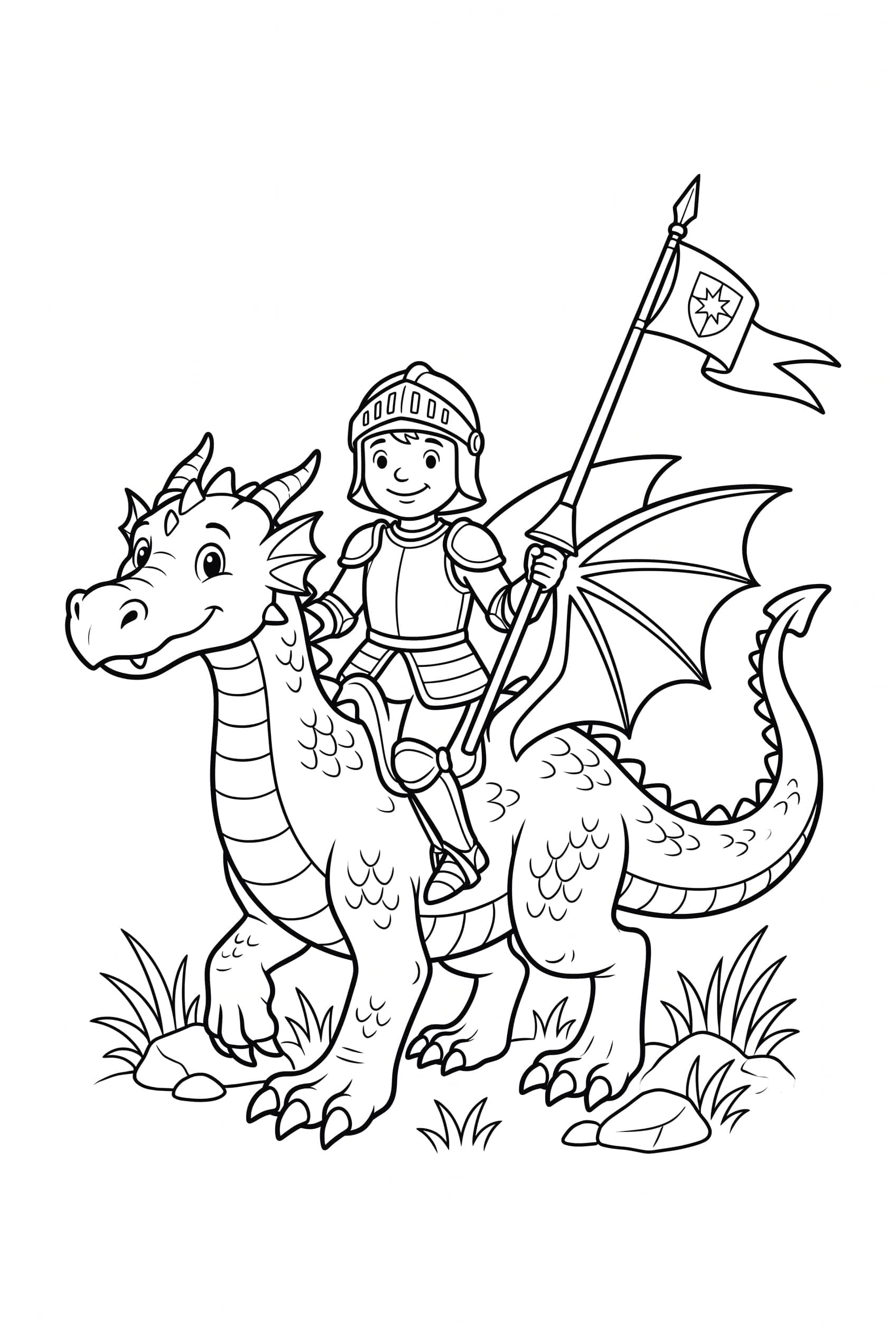 Ein lächelnder Ritter in einfacher Rüstung reitet auf dem Rücken eines freundlichen Drachen und hält ein Wimpelbanner.