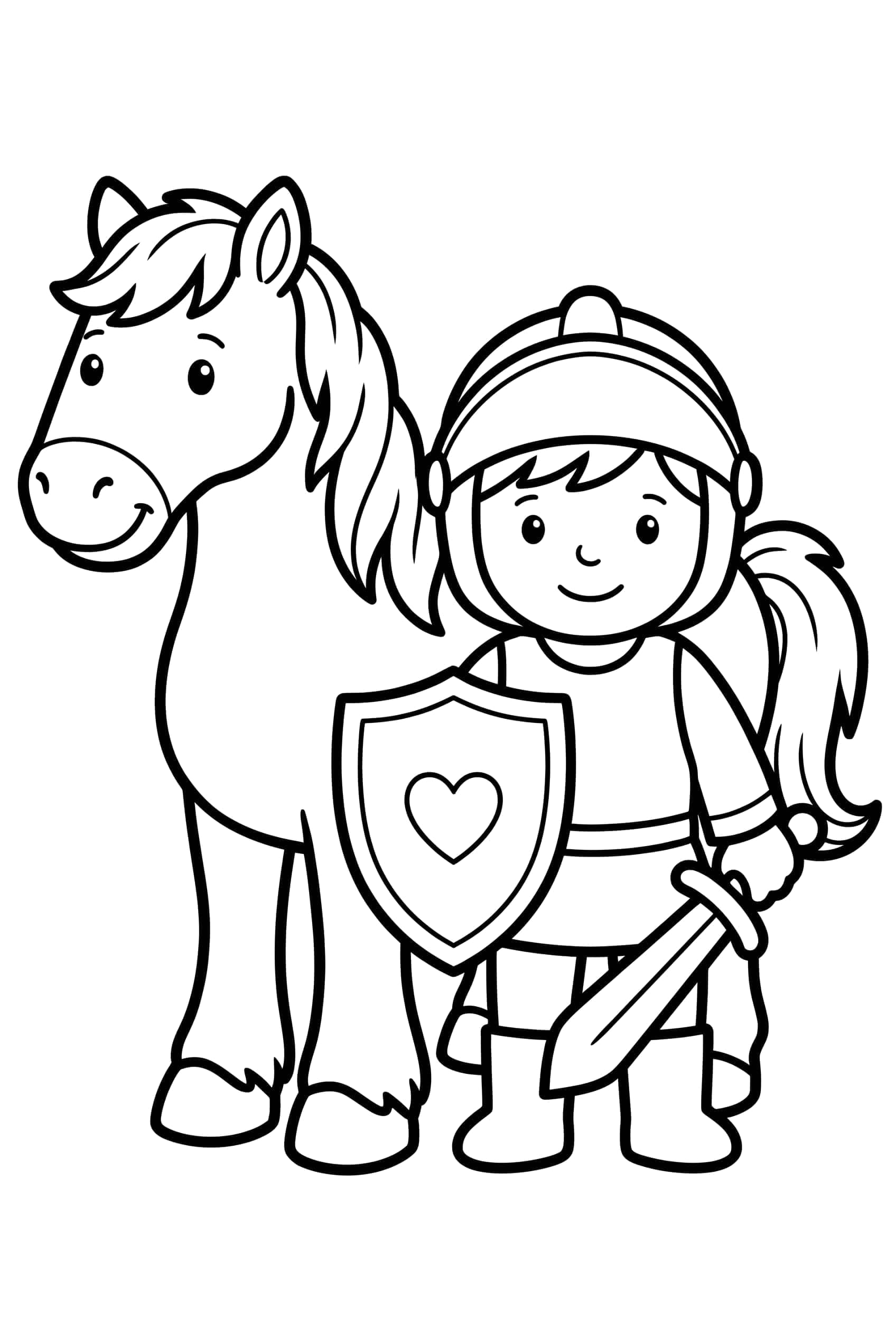 Ein Ritter steht ruhig neben seinem treuen Pferd, beide blicken nach vorn.