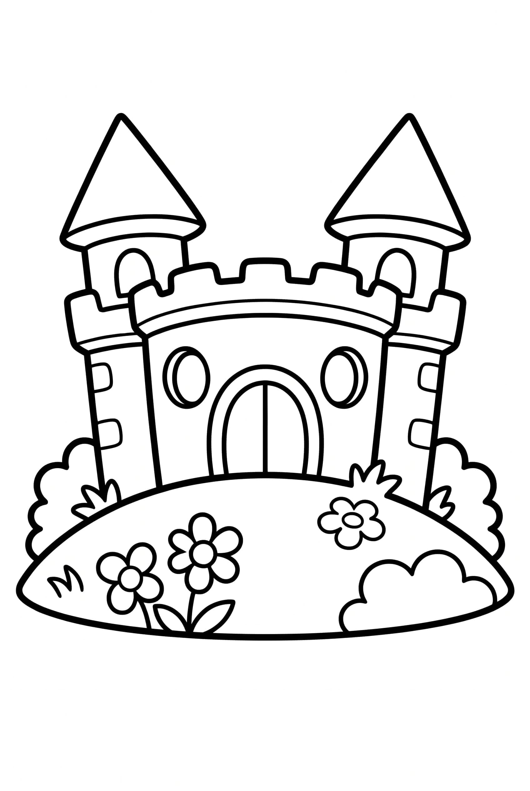 Eine kleine runde Burg mit zwei Türmen steht auf einem grasbewachsenen Hügel.