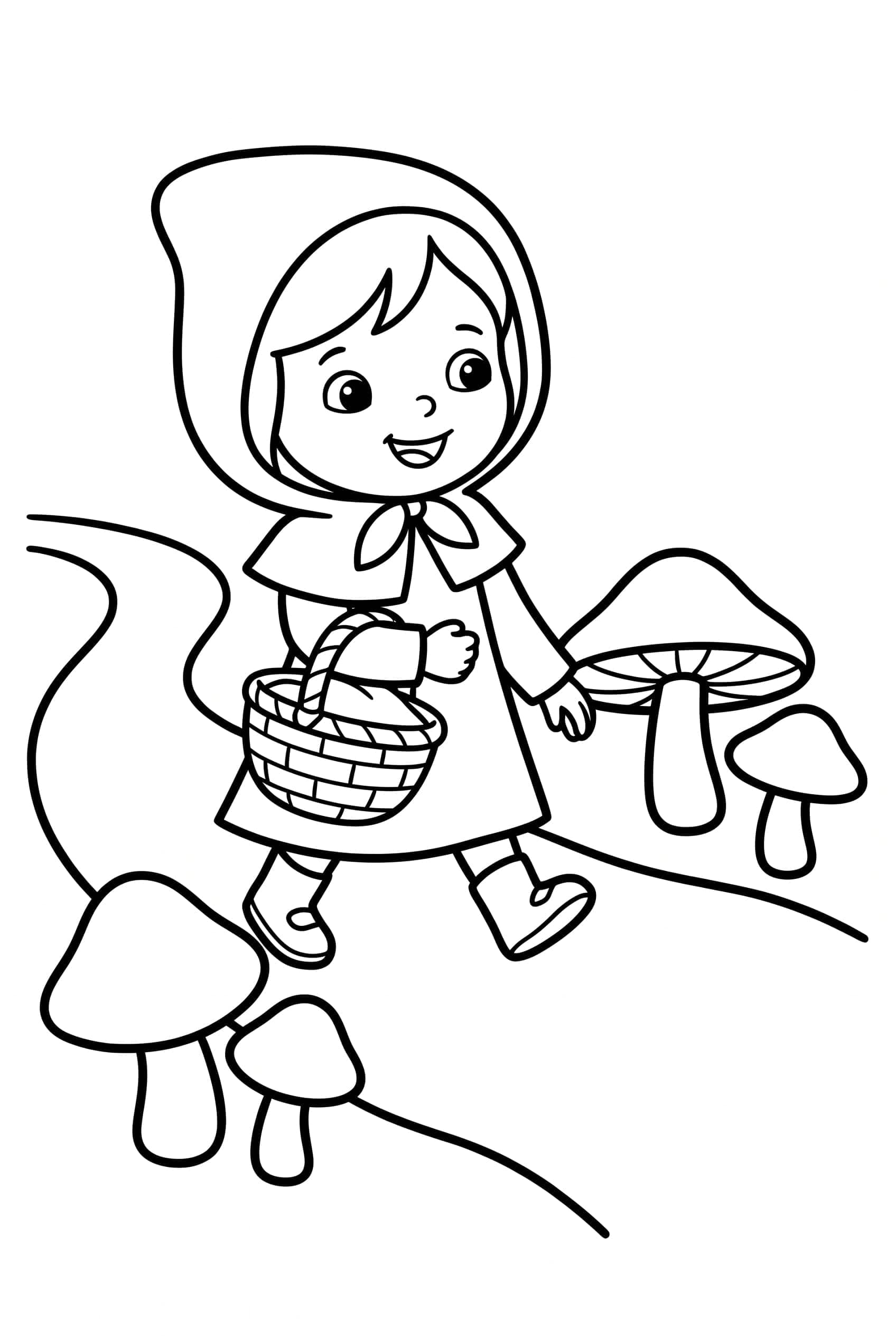 Little Red Riding Hood in a red hooded cloak carrying a woven basket along a forest path lined with toadstools