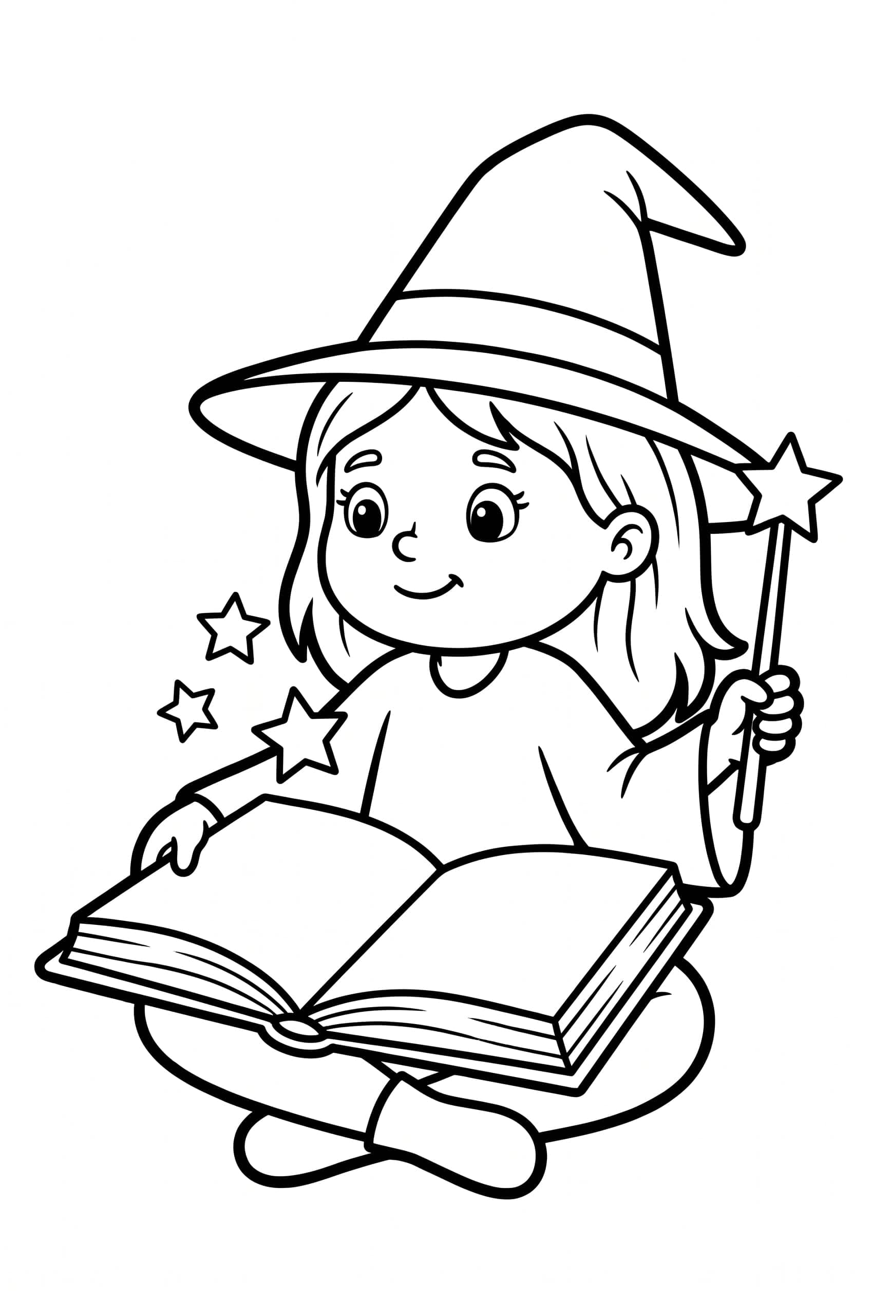 Coloring page of a small witch sitting cross-legged with a big open book on her lap and a wand in one hand, stars rising