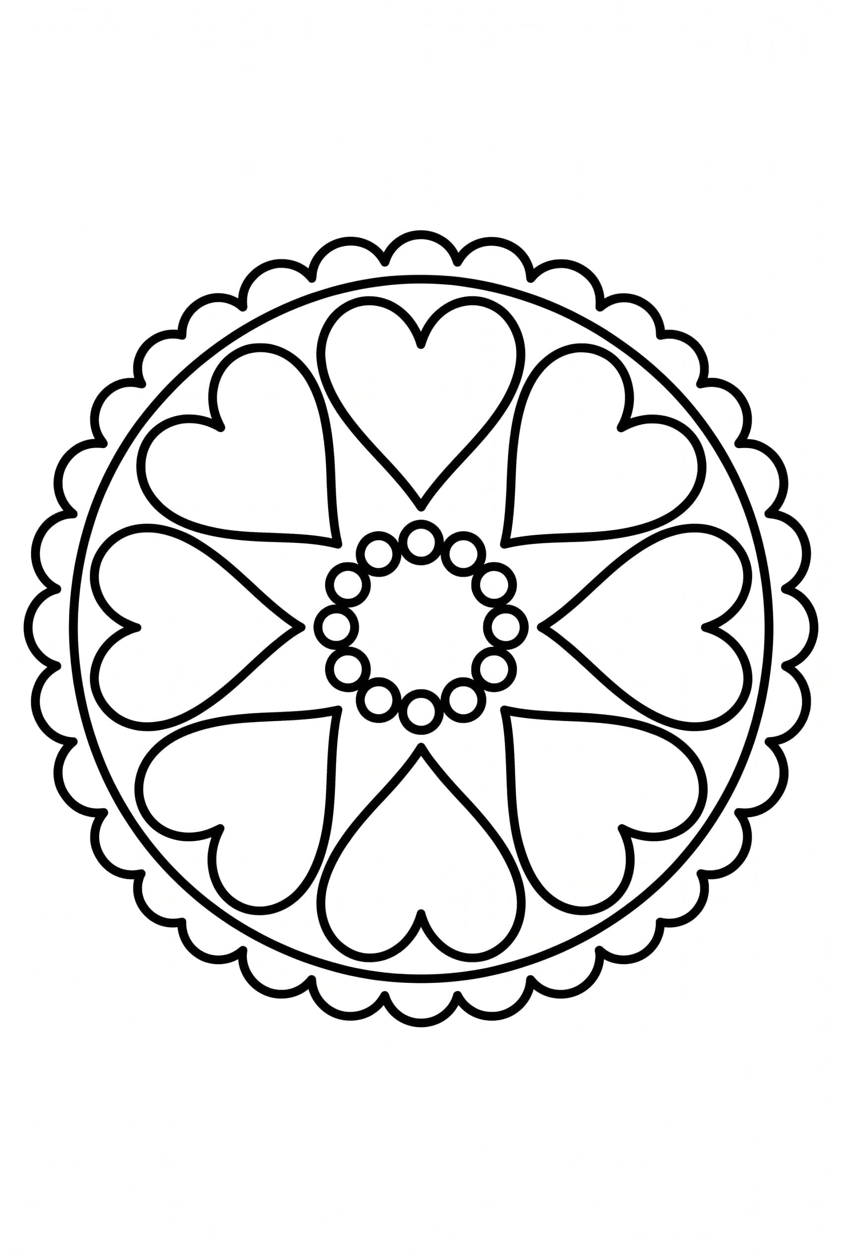 Coloring page of a round mandala of eight hearts pointing outward from a ring of small circles, closed by a plain scalloped edge