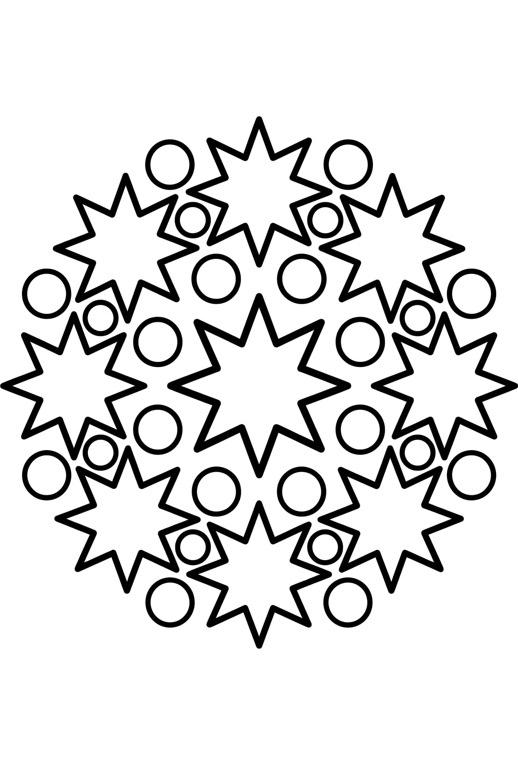Dibujo para colorear de una mandala de ocho estrellas puntiagudas en torno a una estrella central, con cuentas redondas entre las puntas.