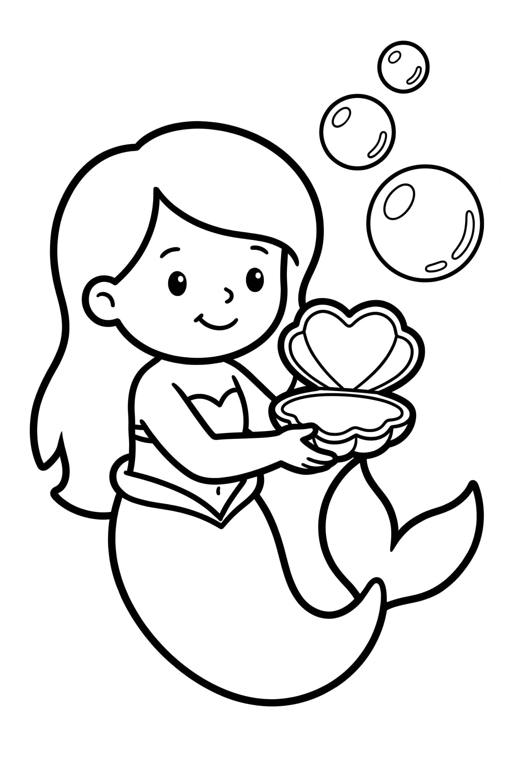 A little mermaid holding an open shell shaped like a heart in both hands, three round bubbles rising past her