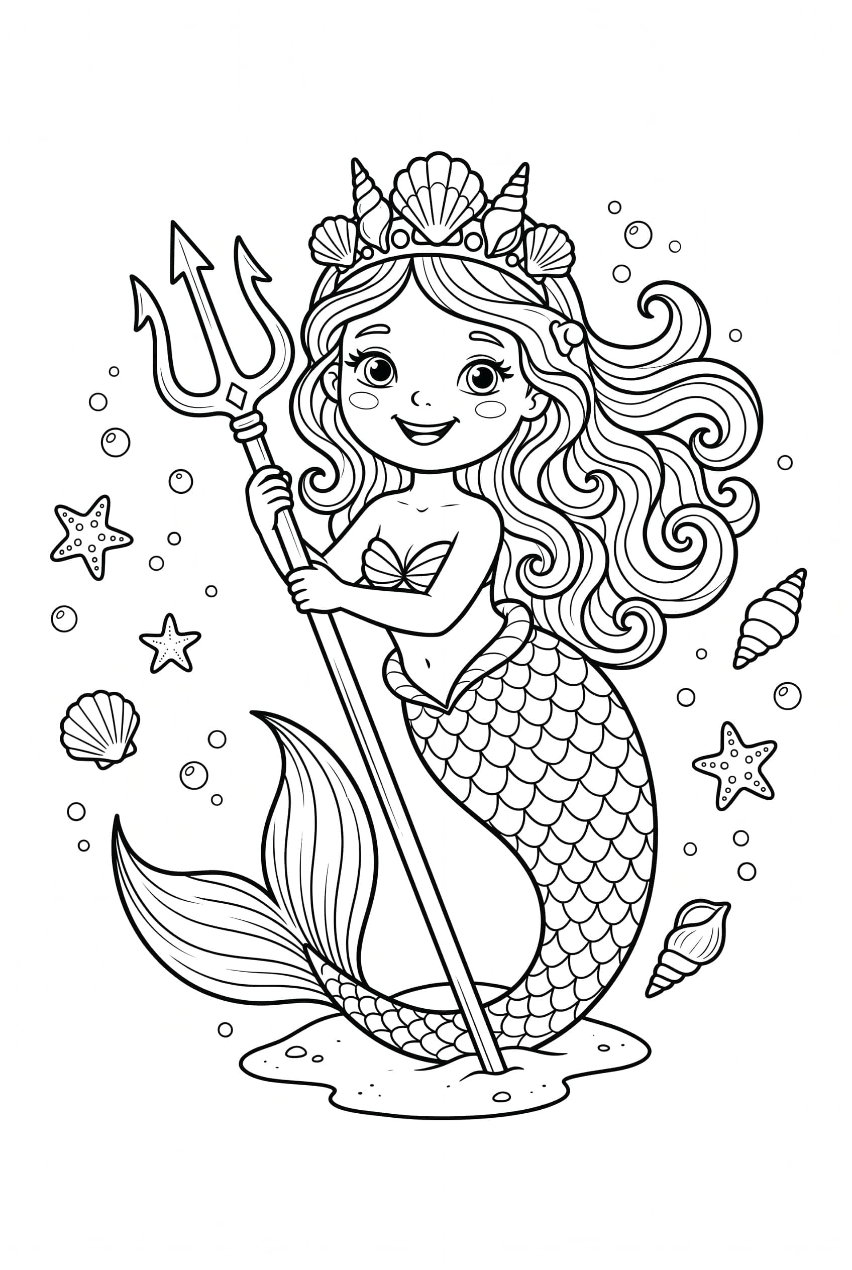 Desenho para colorir de uma rainha sereia com coroa de conchas segurando um tridente em pé ao seu lado