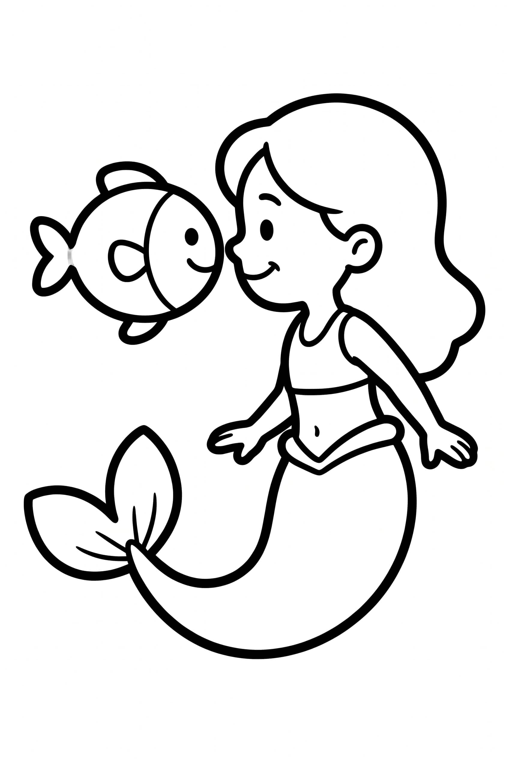 A little mermaid smiling at one round fish hovering just in front of her nose, her tail curved under her
