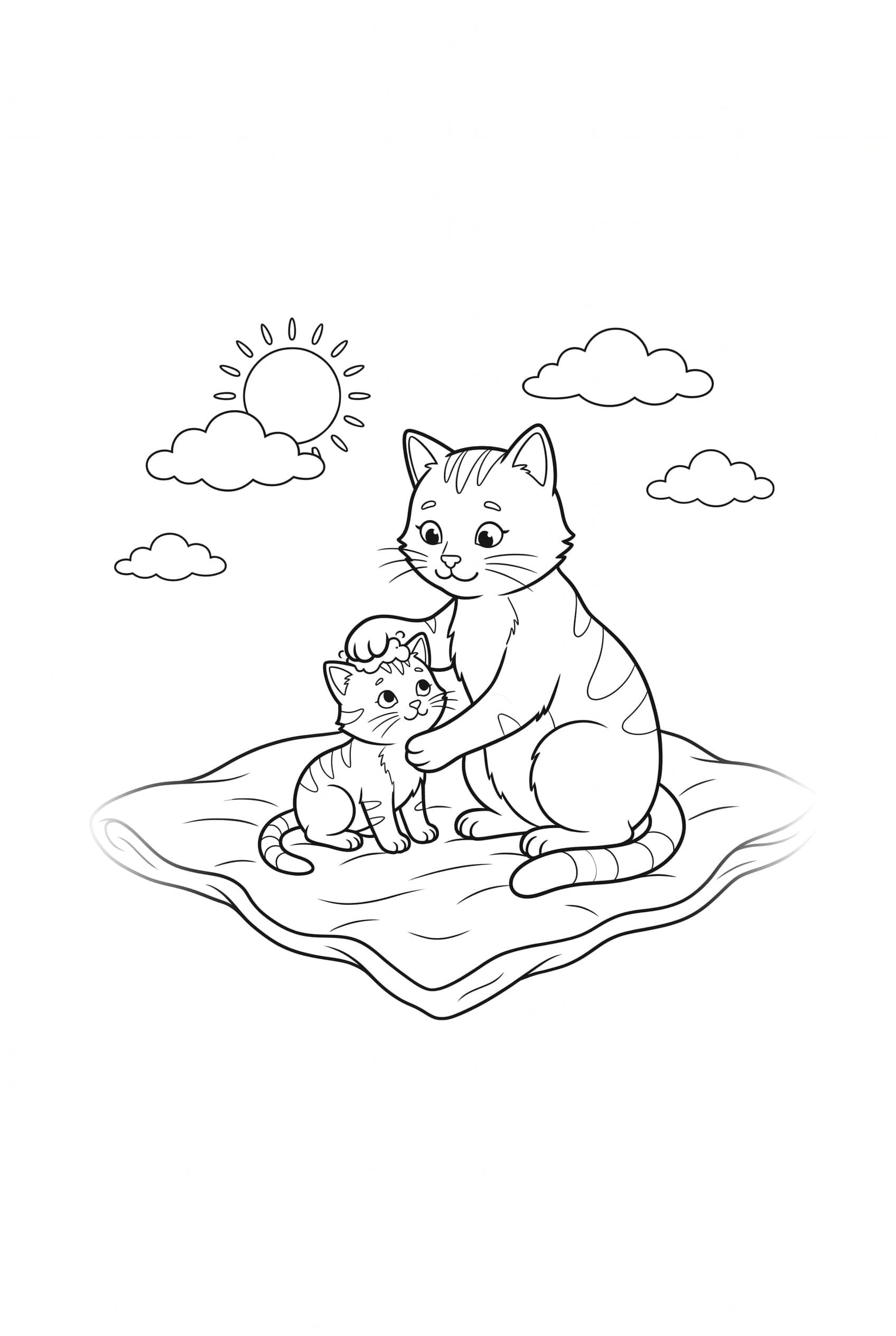 Eine Katzenmutter hält ihr Kätzchen mit einer Pfote fest und putzt ihm den Kopf, beide auf einer gefalteten Decke.
