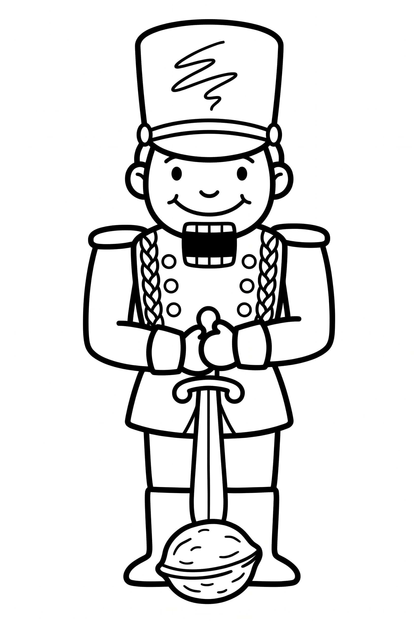 Coloring page of a nutcracker standing straight in a braided uniform coat, holding a sword point down in both hands, a walnut at his feet