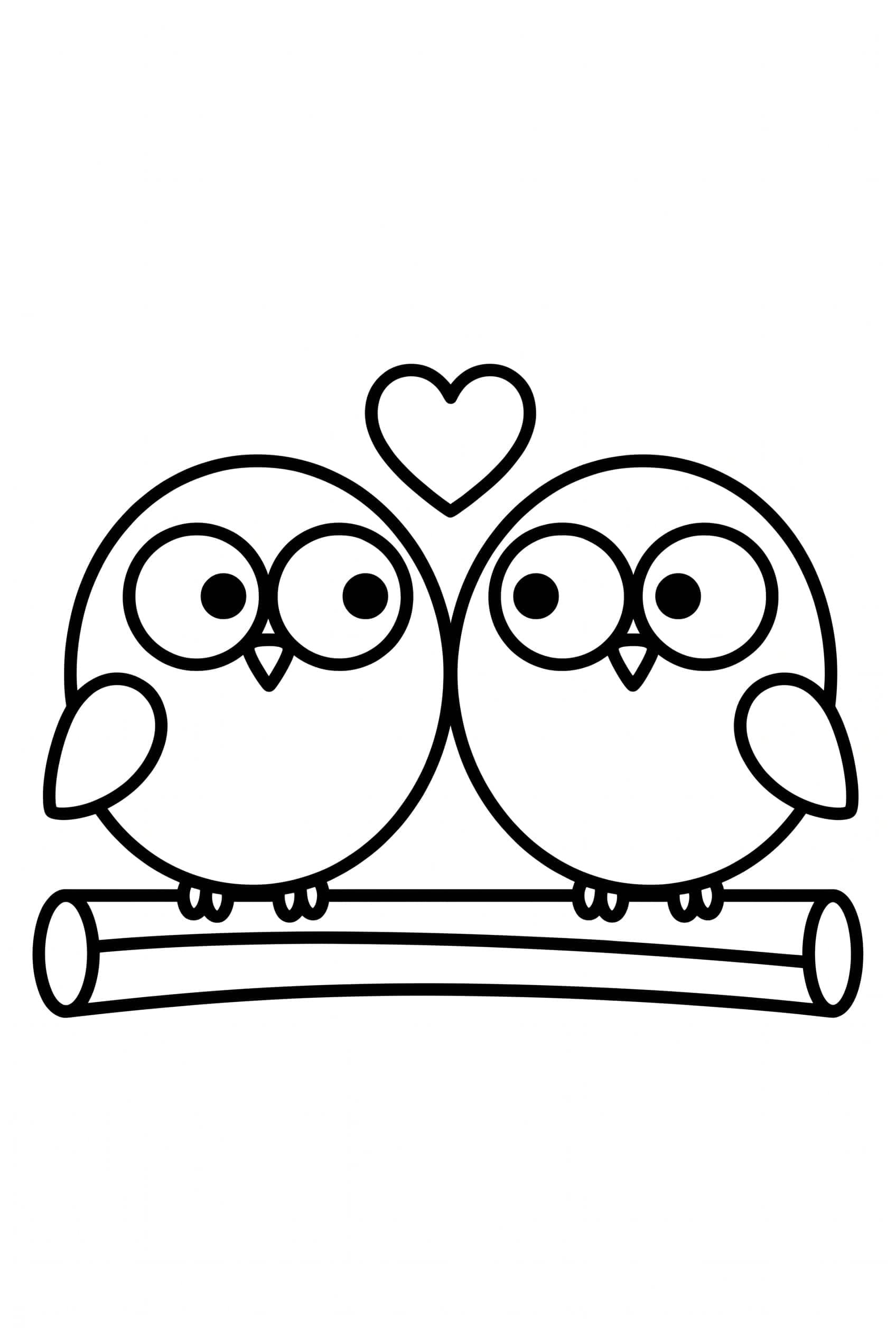 Dibujo para colorear de dos búhos redondos sentados juntos en un trozo de rama, con un corazón entre sus cabezas y los ojos en blanco.