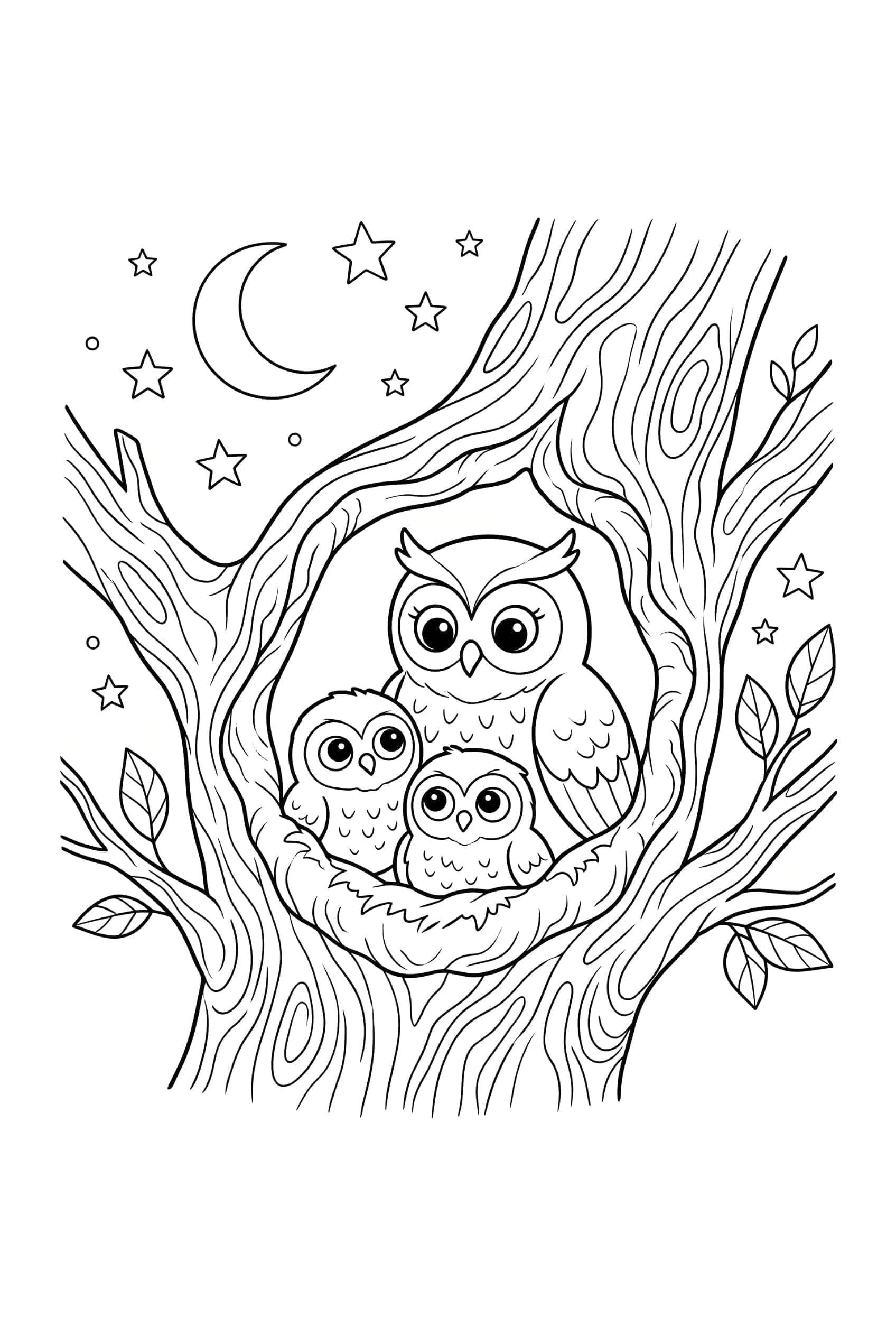 Desenho para colorir de uma mamãe coruja e dois filhotes aninhados no oco de uma árvore ao entardecer, com uma lua crescente e estrelas no céu