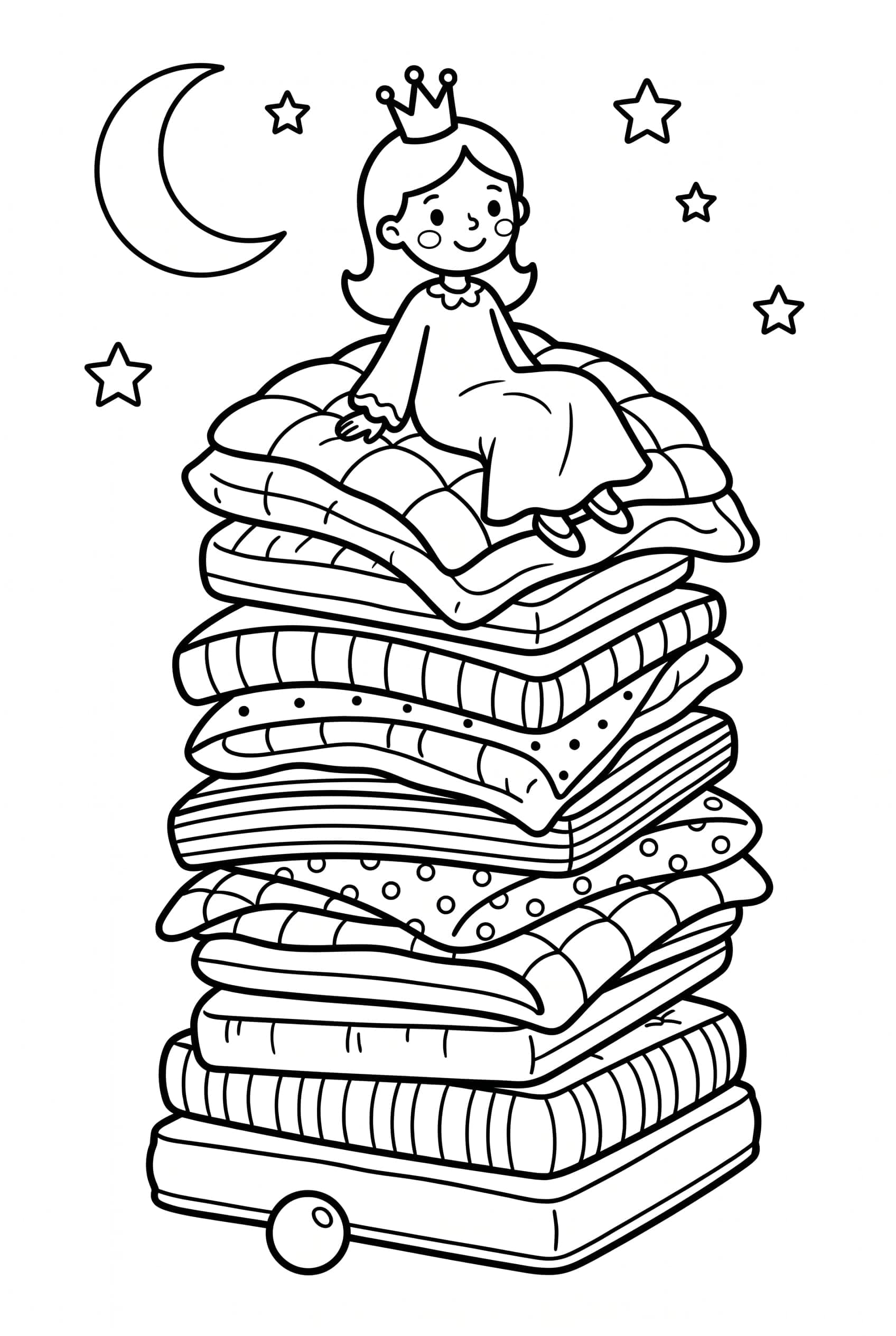 Desenho para colorir de uma princesa de camisola sentada no alto de uma pilha de colchões e edredons com uma ervilha lá embaixo