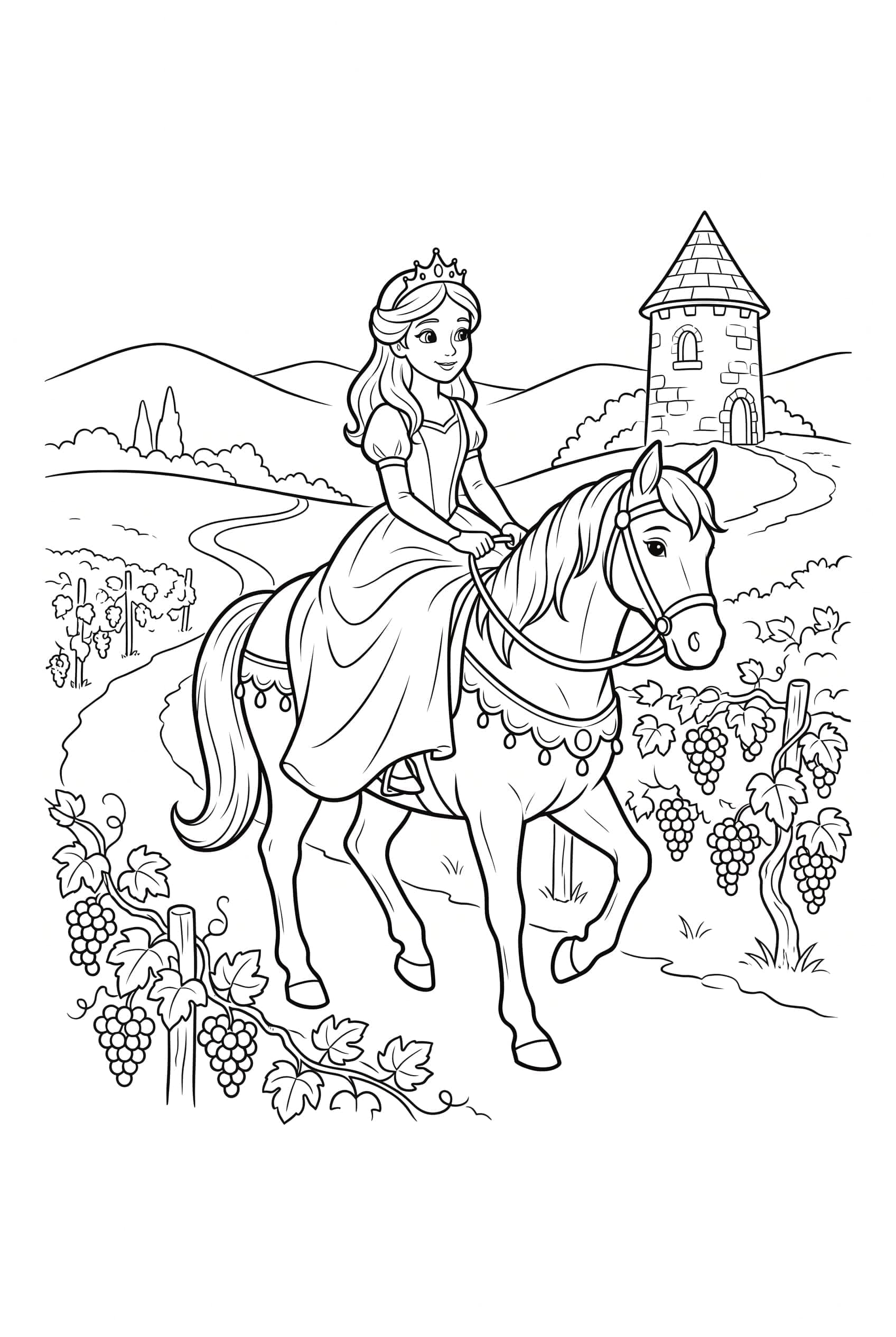 A princess riding a white horse along a vineyard path with distant hills and a small stone tower behind her