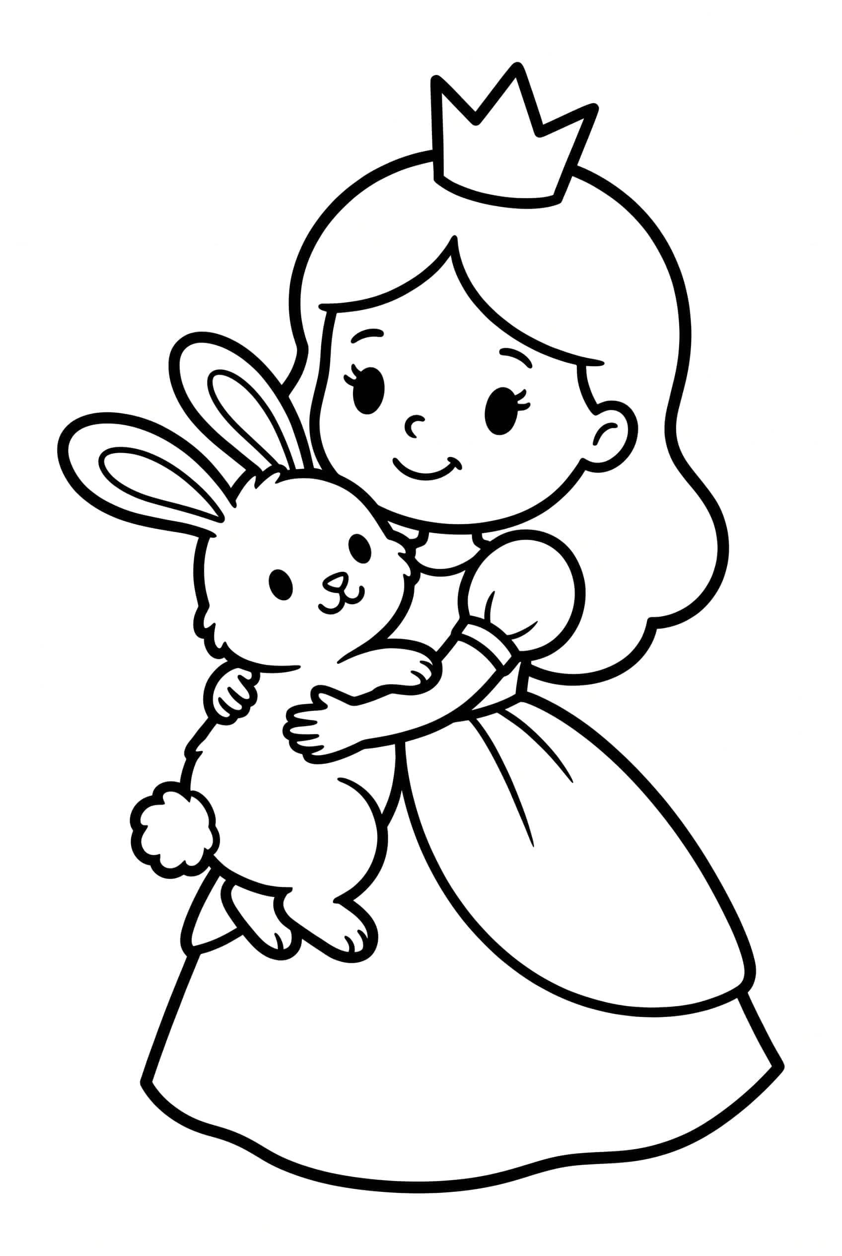 Dibujo para colorear de una princesa con vestido sencillo abrazando a un conejito esponjoso entre los brazos.