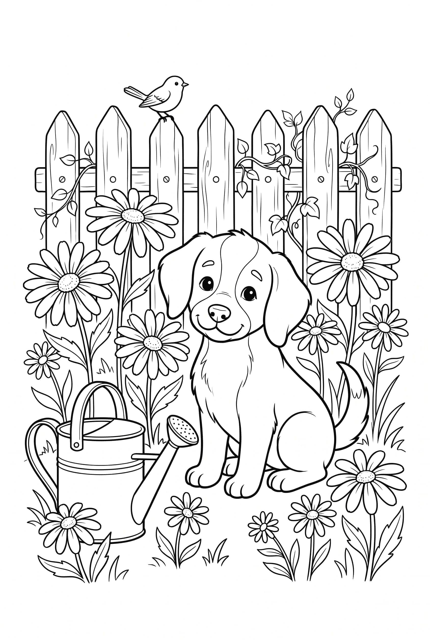 Dibujo para colorear de un cachorro orejón sentado entre margaritas, con una regadera y una cerca detrás.