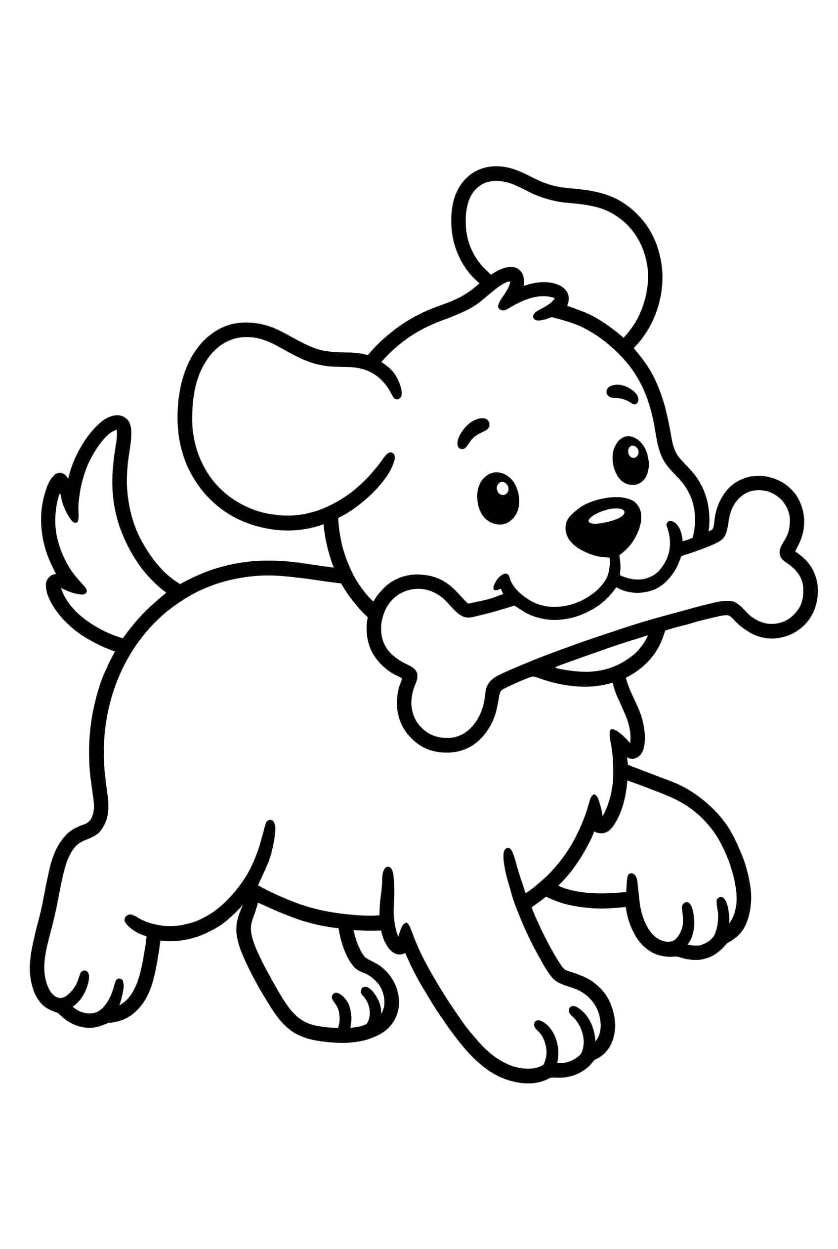 A round happy puppy trotting along with a big bone held crosswise in its mouth, ears flapping and tail up