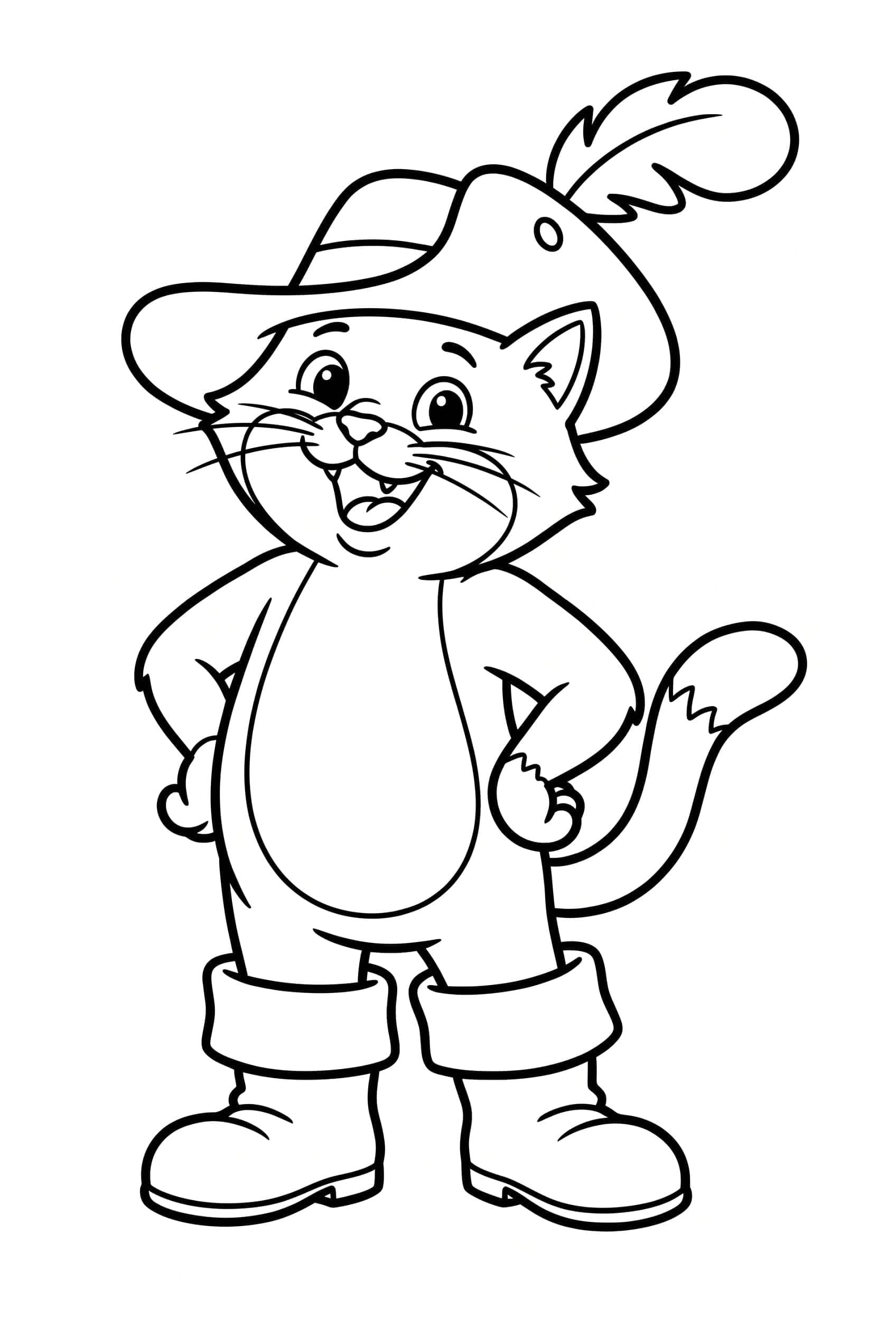 A clever grinning cat standing upright in tall boots and a feathered hat with one paw on hip