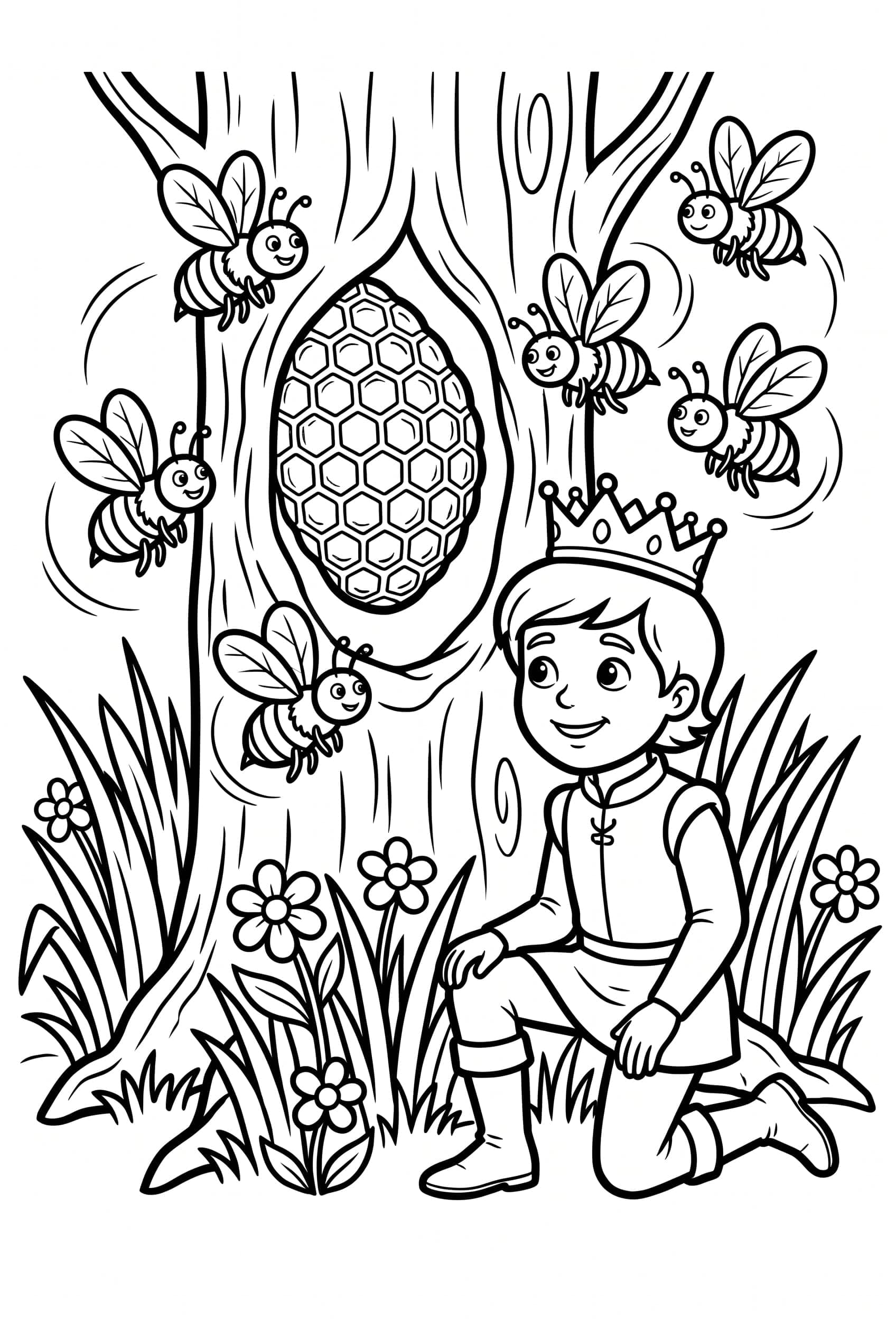 Ein junger Prinz kniet an einem hohlen Baum, in dem Bienen um eine Honigwabe kreisen, rundherum hohes Gras.