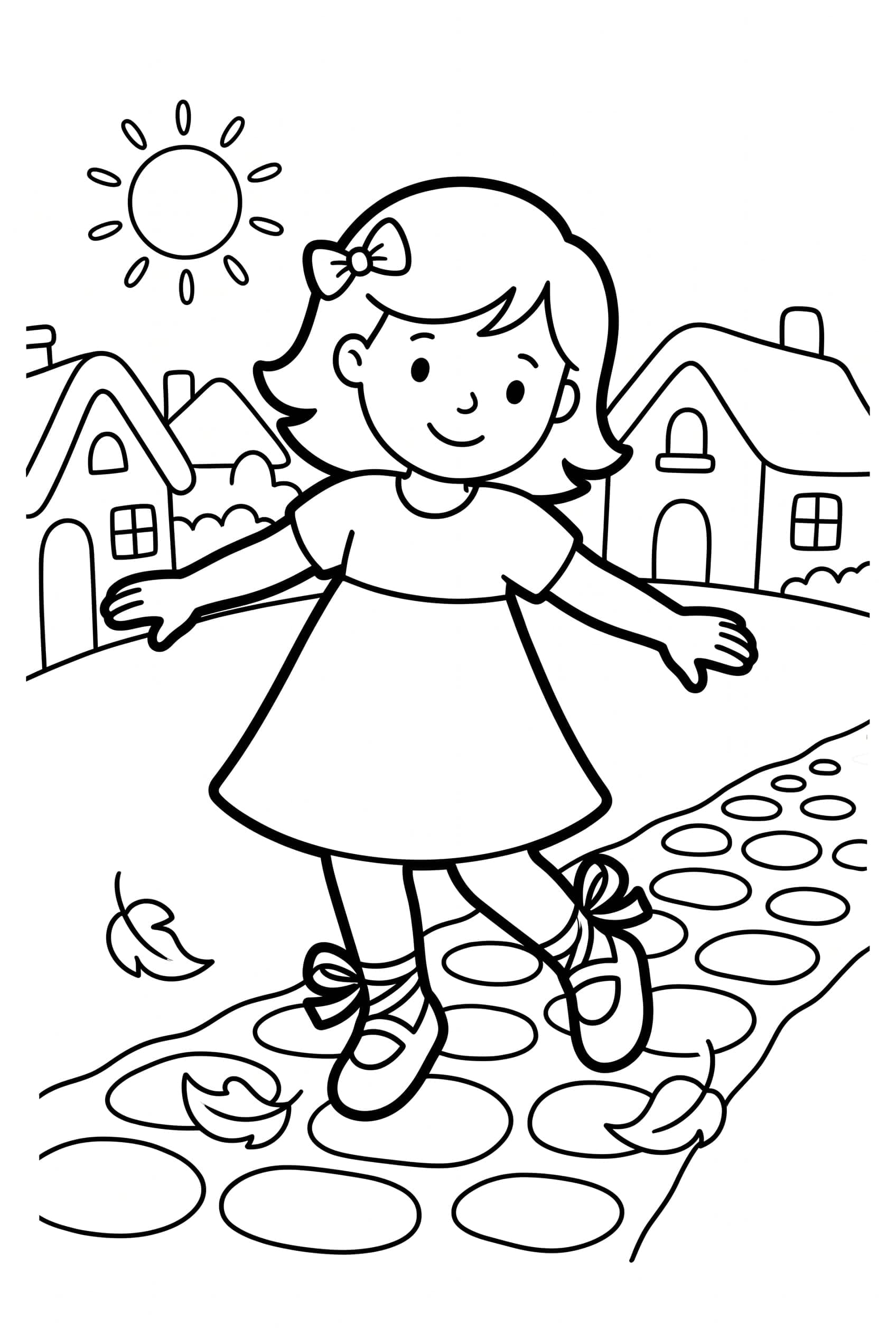 Omalovánka dívky v jednoduchých šatech, která tančí na vesnické cestě ve střevíčkách se stuhami