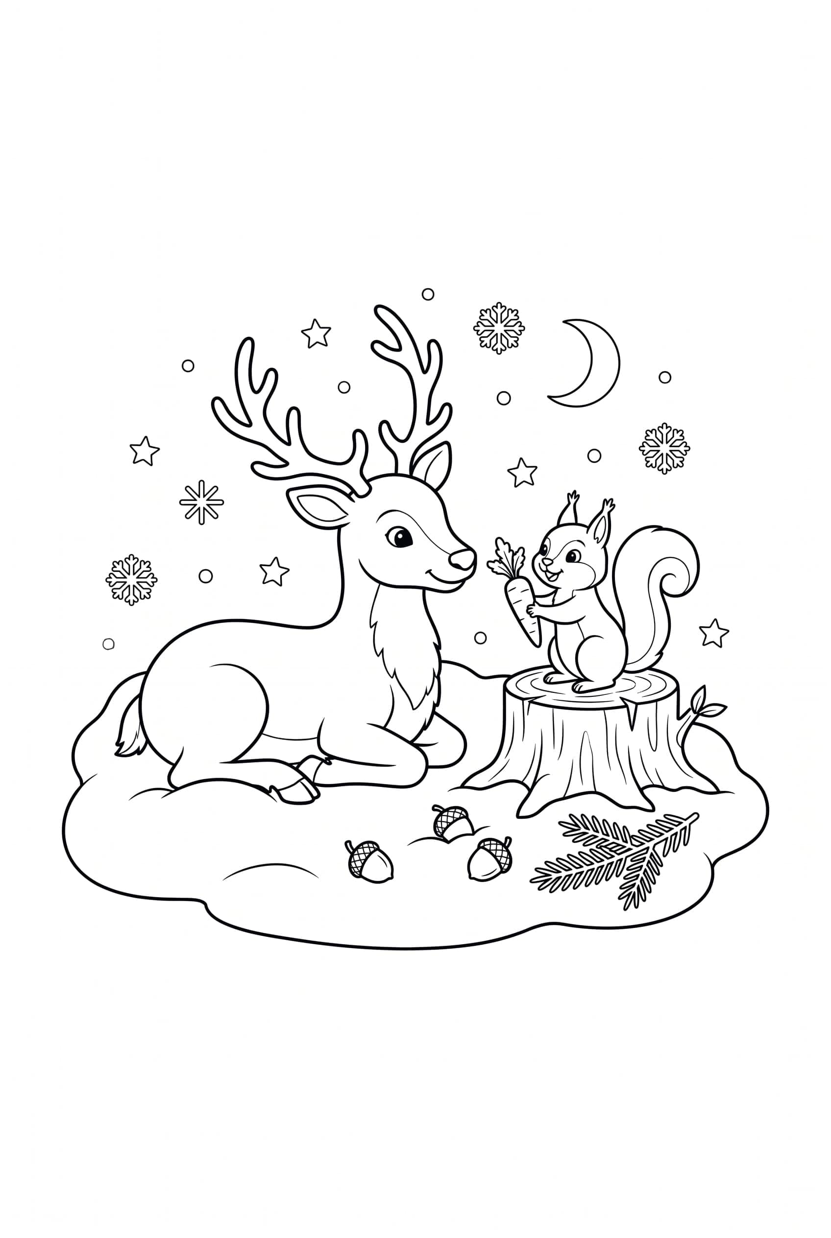 Coloring page of a reindeer lying in the snow while a squirrel on a tree stump holds out a carrot to it