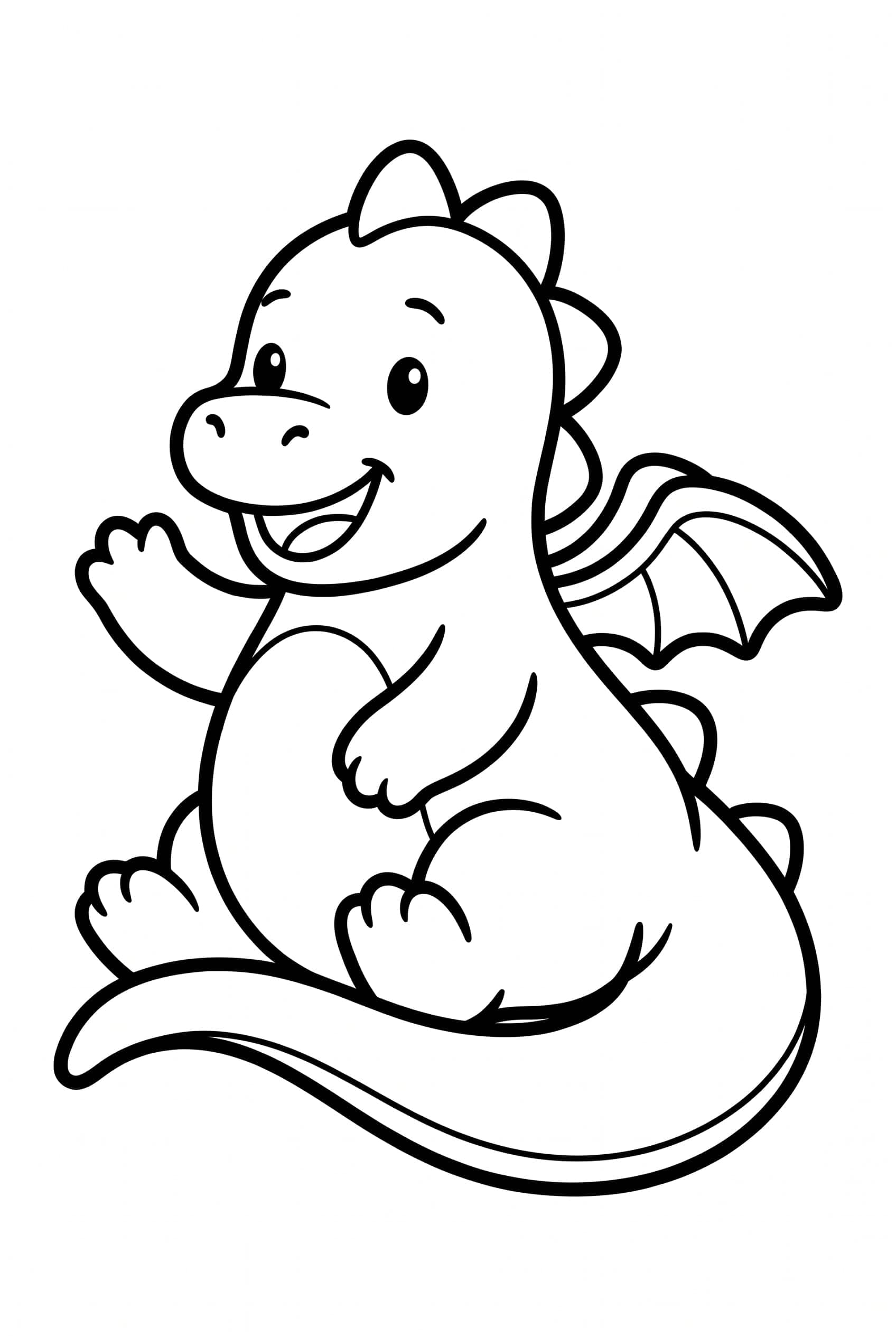 Ein runder kleiner Drache sitzt auf seinem Schwanz und winkt mit einer Vorderpfote.