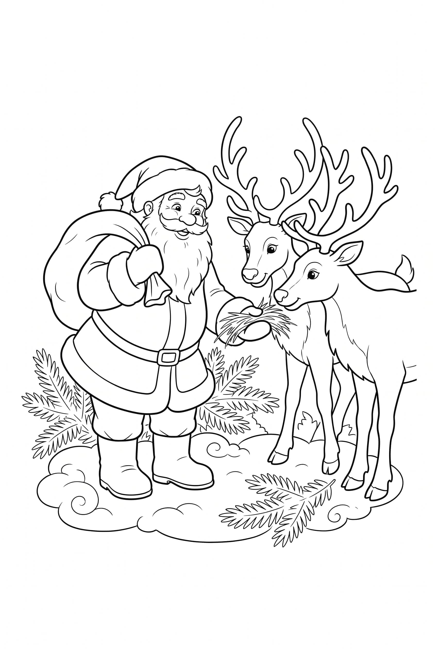 Coloring page of Santa holding out a handful of hay to two curious reindeer leaning in toward his hand