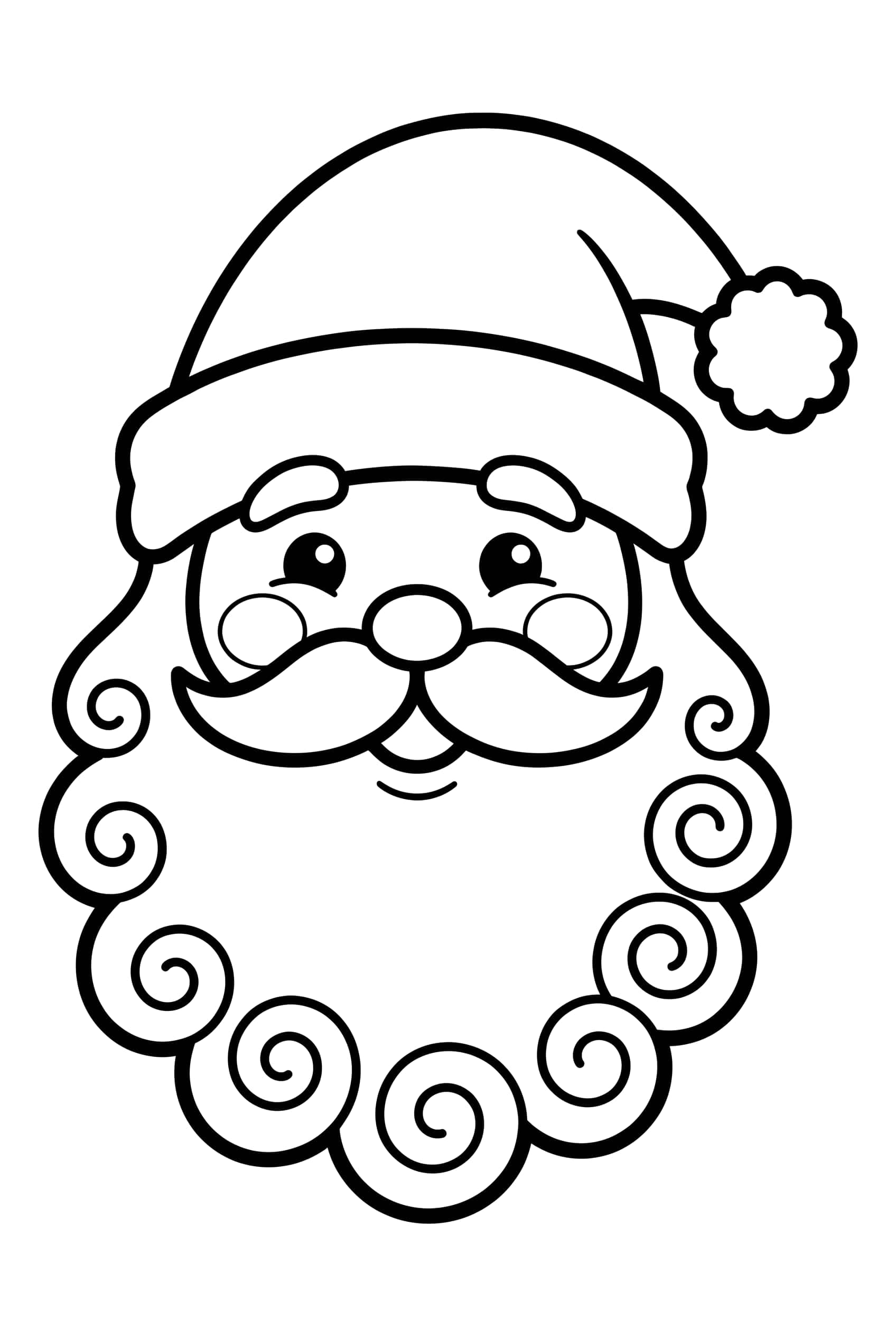Dibujo para colorear de una cara grande y sonriente de Santa Claus con cachetes redondos y barba rizada