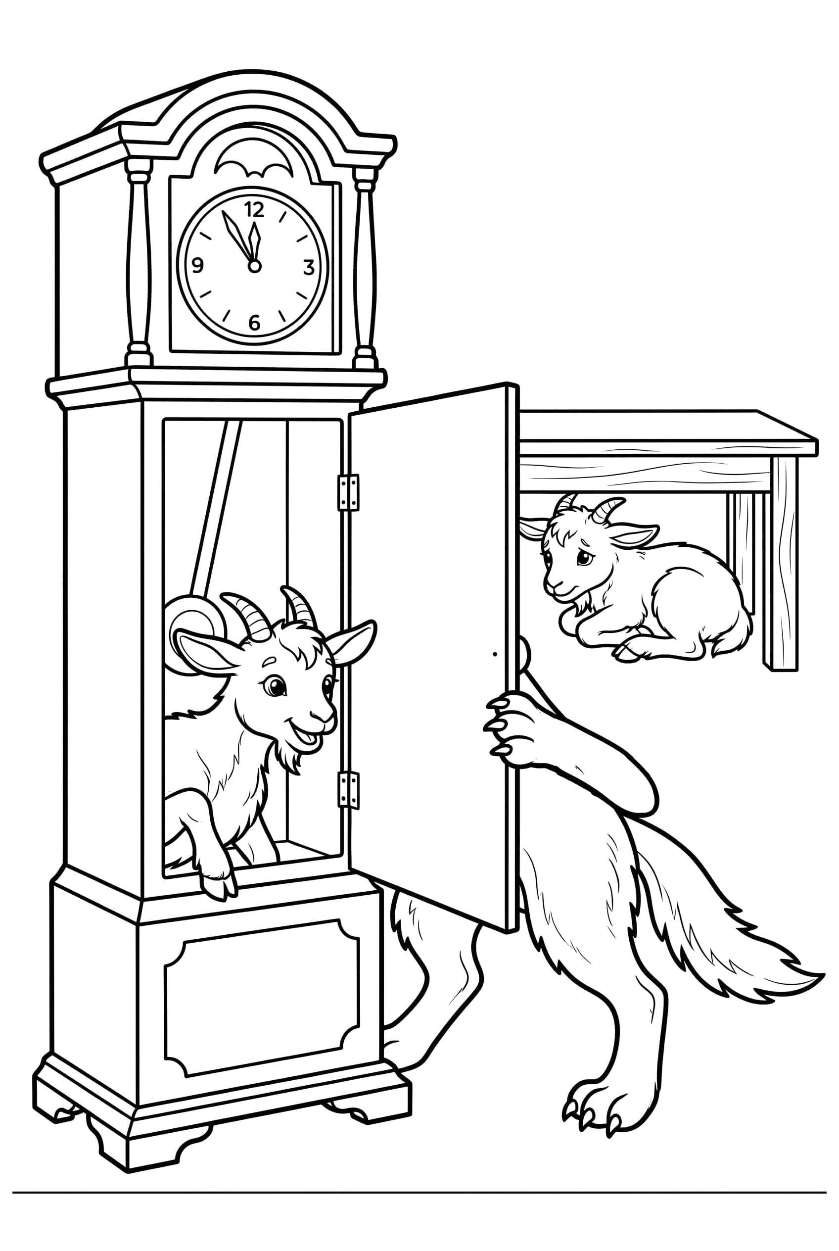 Ein Geißlein schaut aus dem offenen Kasten einer Standuhr, ein zweites versteckt sich unter dem Tisch, an der Tür der Wolf.