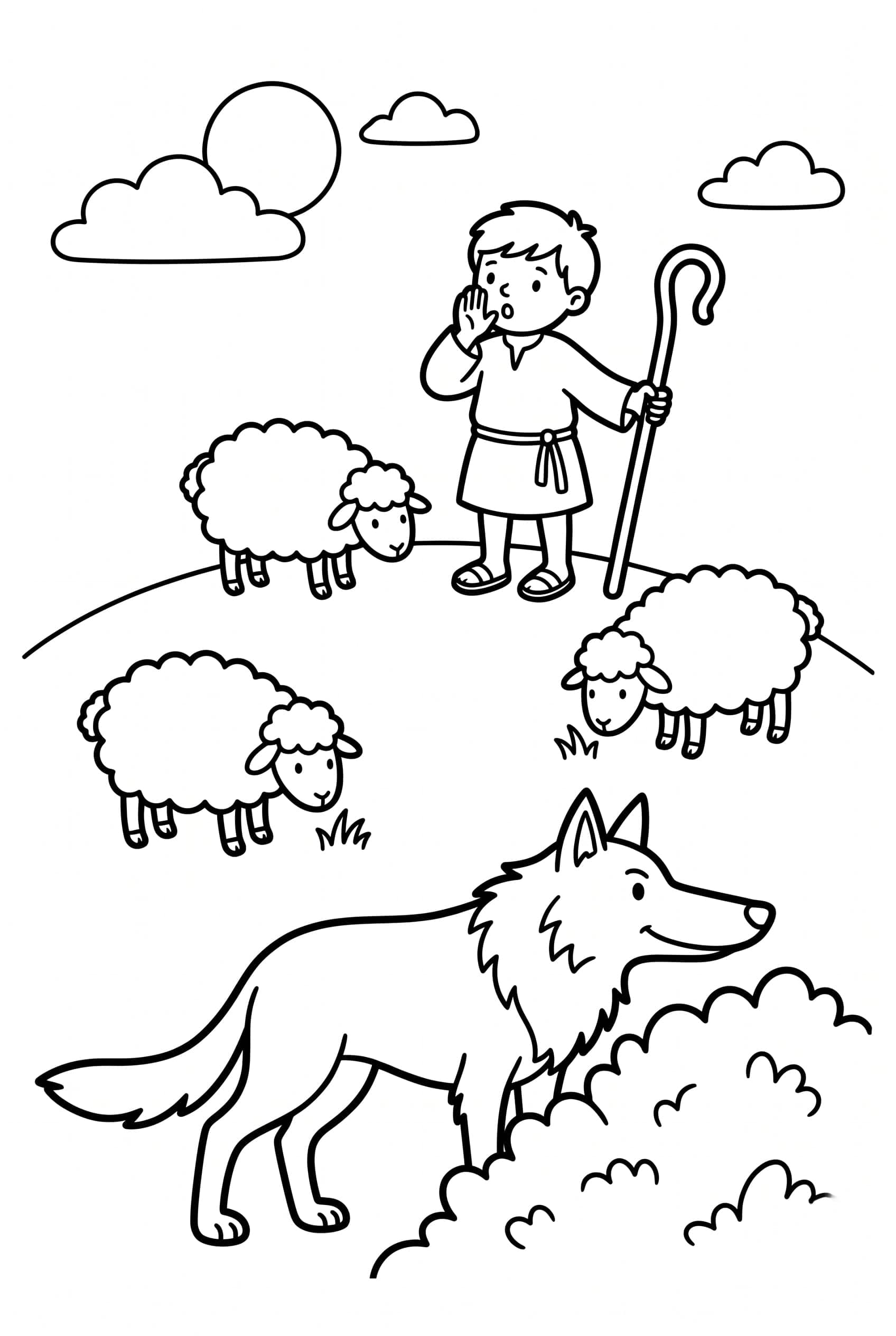 Dibujo para colorear de un pastorcillo con cayado que grita en lo alto de una colina, tres ovejas que pastan y un lobo gris que asoma tras un arbusto.