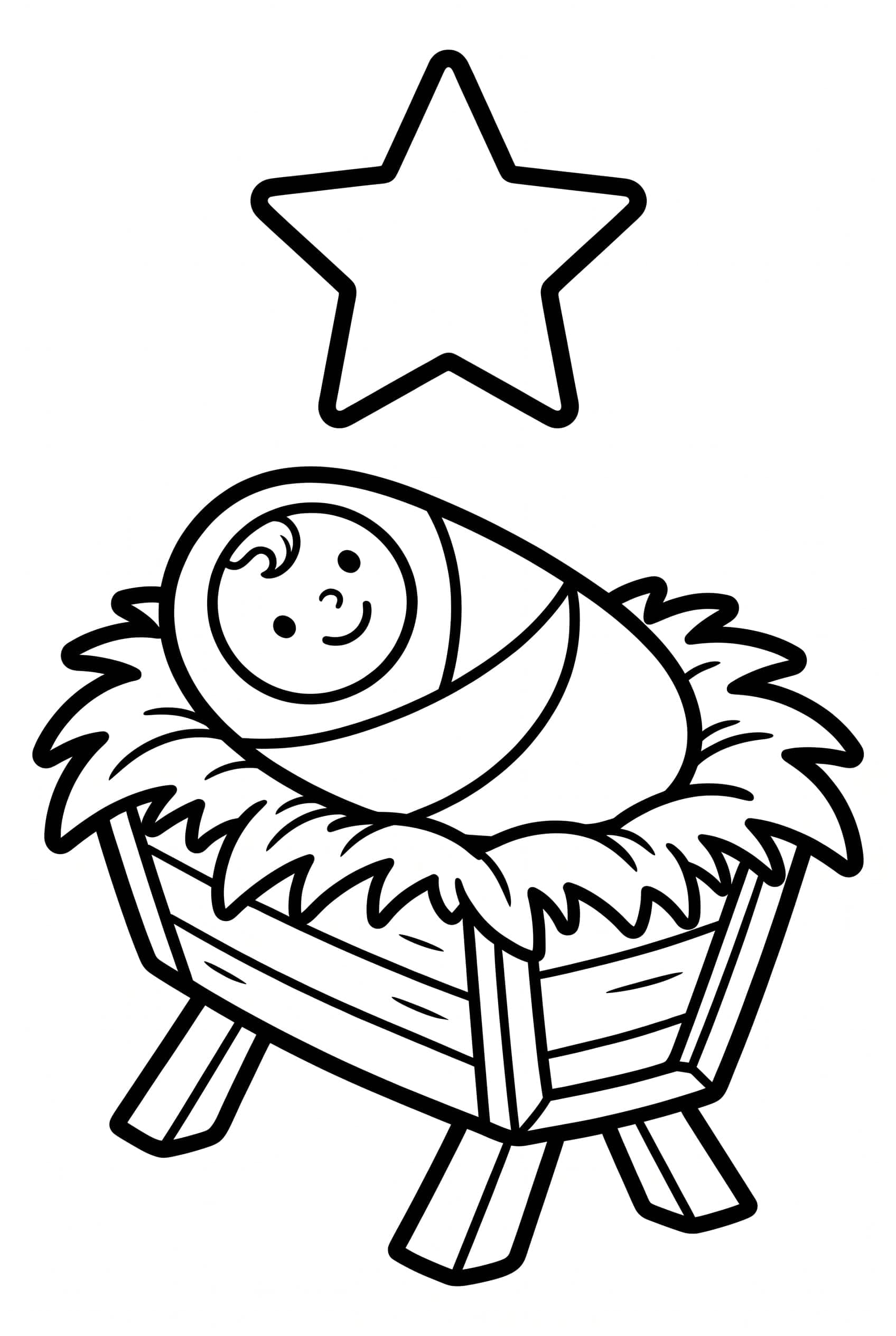 Coloring page of a simple wooden manger filled with straw holding a swaddled baby with one big star above