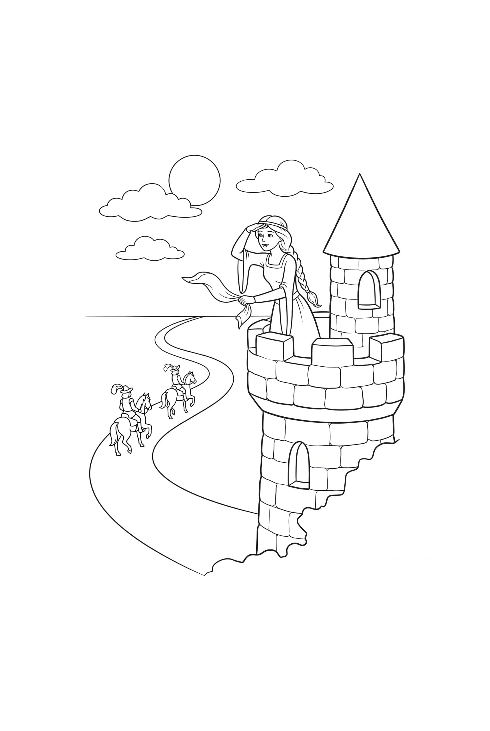 Ausmalbild einer jungen Frau mit langem Zopf oben auf einem Burgturm, die die Augen beschattet und ein Tuch schwenkt, zwei Reiter auf dem Weg