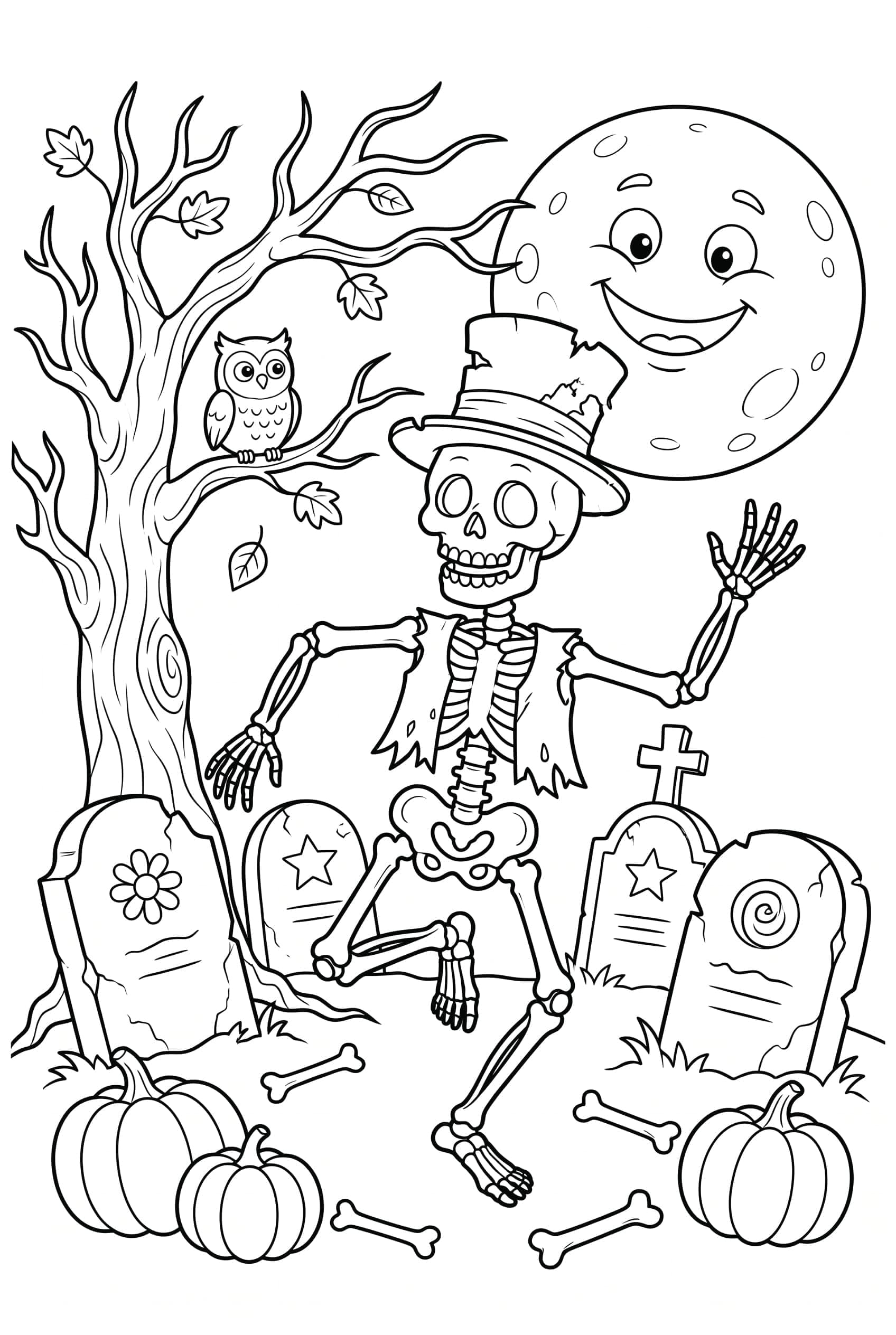 A cheerful dancing skeleton in a graveyard under a bright full moon among crooked tombstones and a bare tree